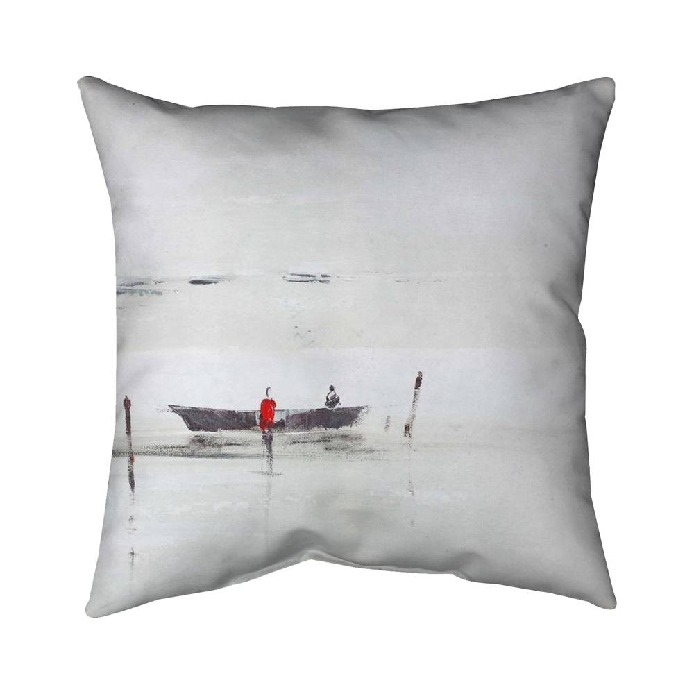 5542-2020-LA77 20 x 20 in. Minimalist Boat on the Lake - Gray Outdoor Throw Pillow