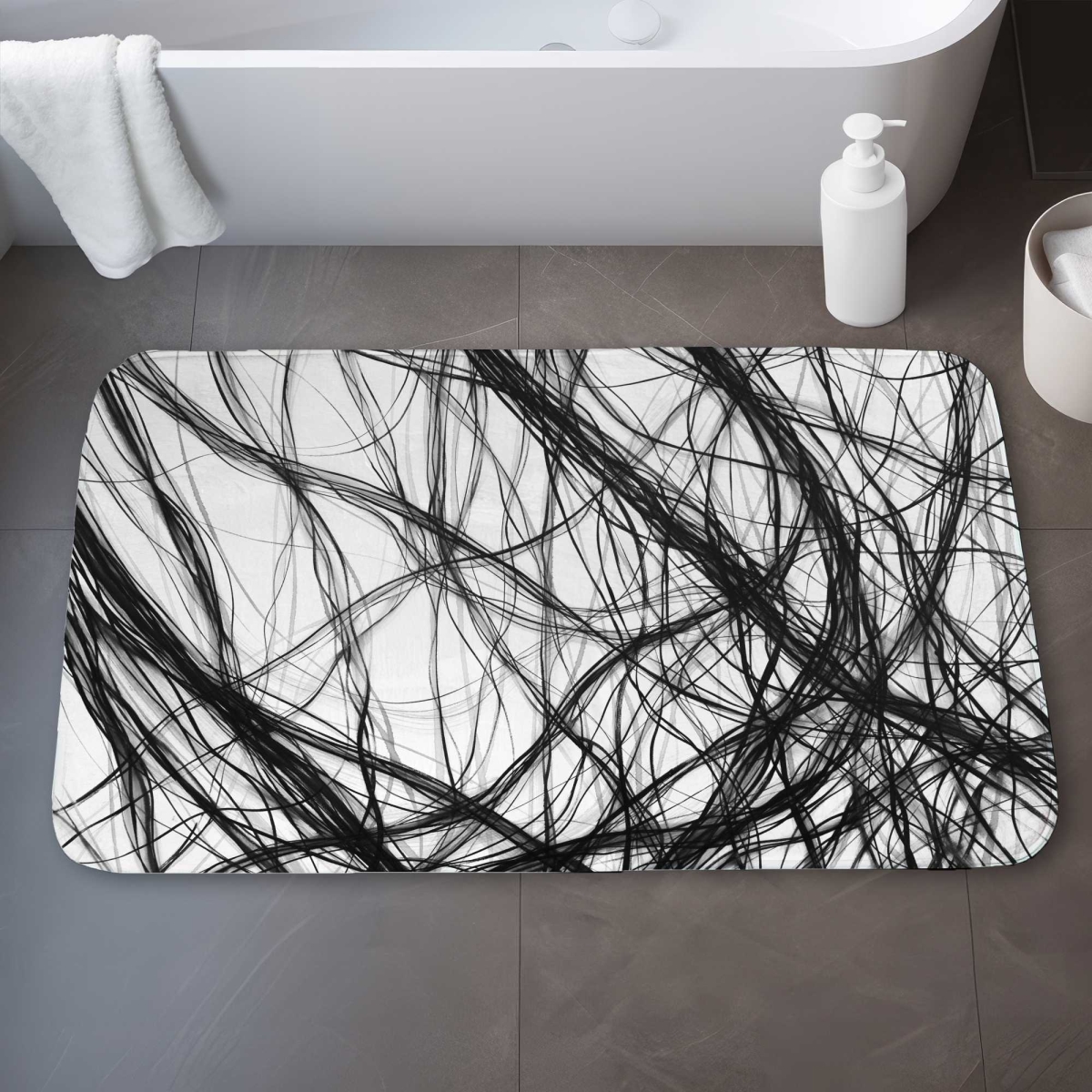C1BM2134SM9HQF 21 x 34 in. Connection Abstract Black Bath Mat - Stylish Design