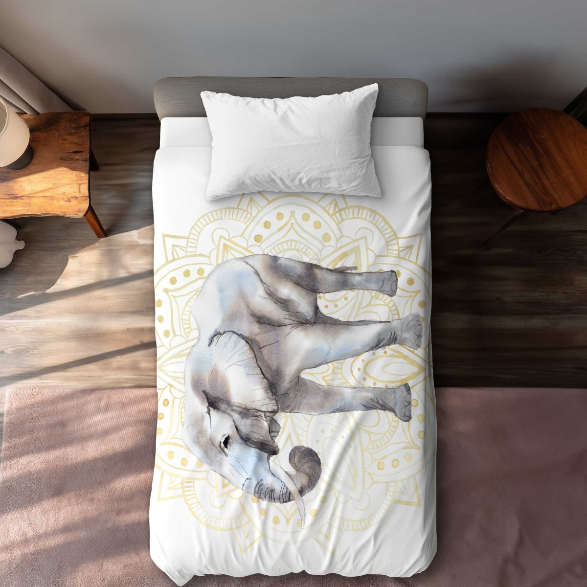 C1DCTXLWLZZ80R Elephant on Mandalas Pattern Twin Size Extra Long Duvet Cover - Wildlife Beige