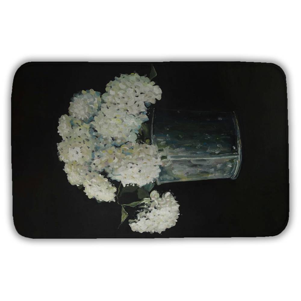 5930-3421-FL358 21 x 34 in. White Hydrangea Flowers - Botanical Black Bath Mat for Decor
