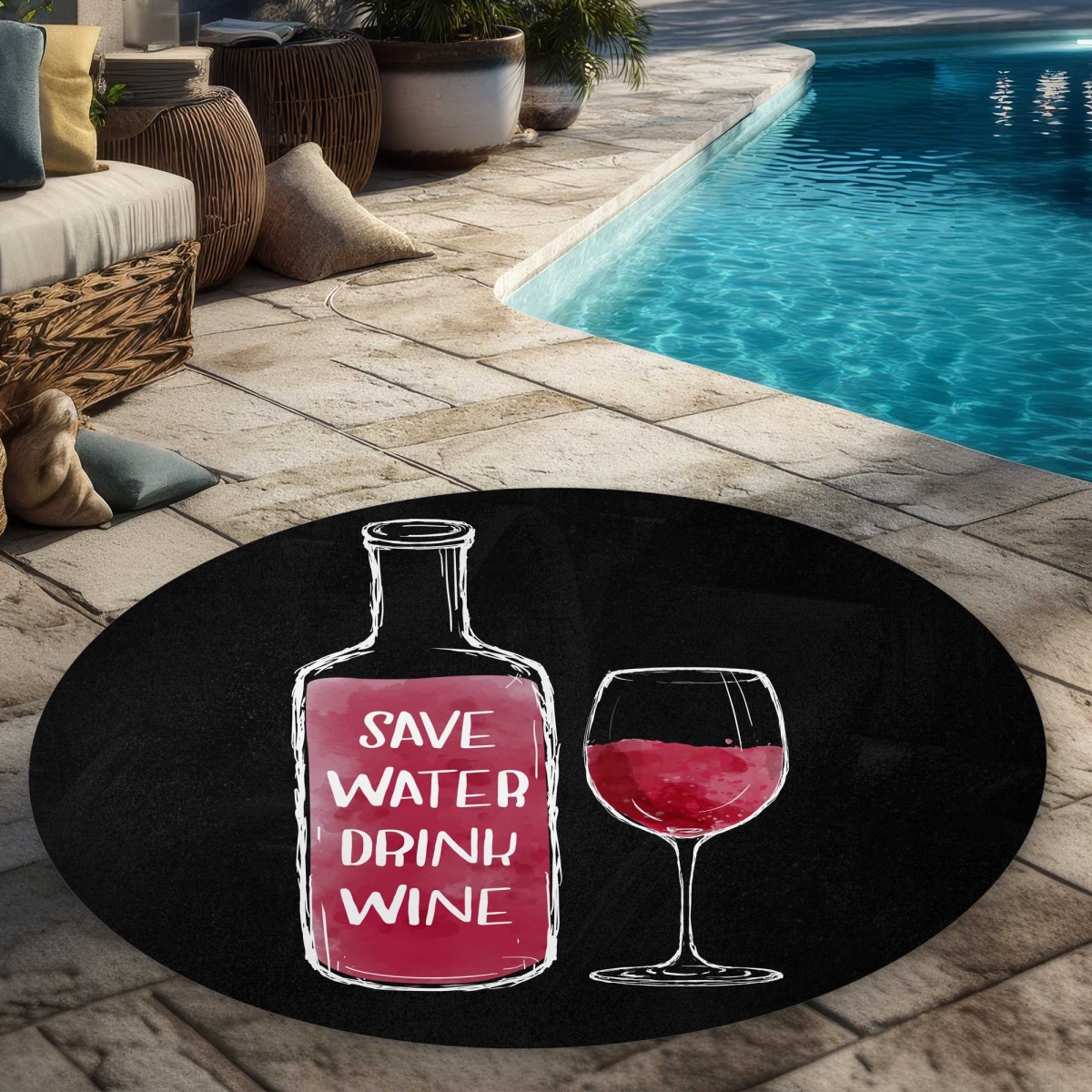 C1COAR55PNONA4 5 x 5 ft. Save Water Drink Wine Rectangle Area Rug - Black Quotes Outdoor Decor