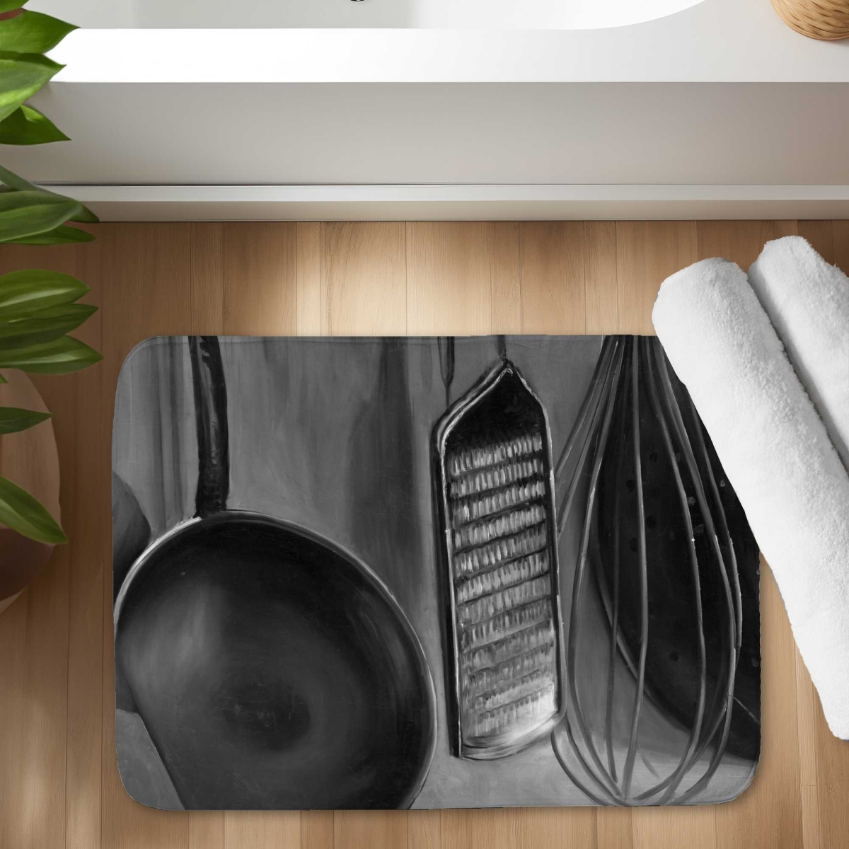 C1BM1724RMC8VY 17 x 24 in. Still Life Black & White Bath Mat - Kitchen Tools for Chef