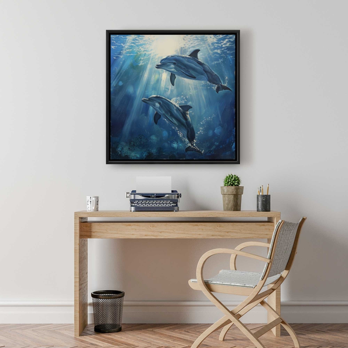 C1FC2424BOANK3 24 x 24 in. Two Dolphins Blue Framed Canvas - Home Decor Wall Art