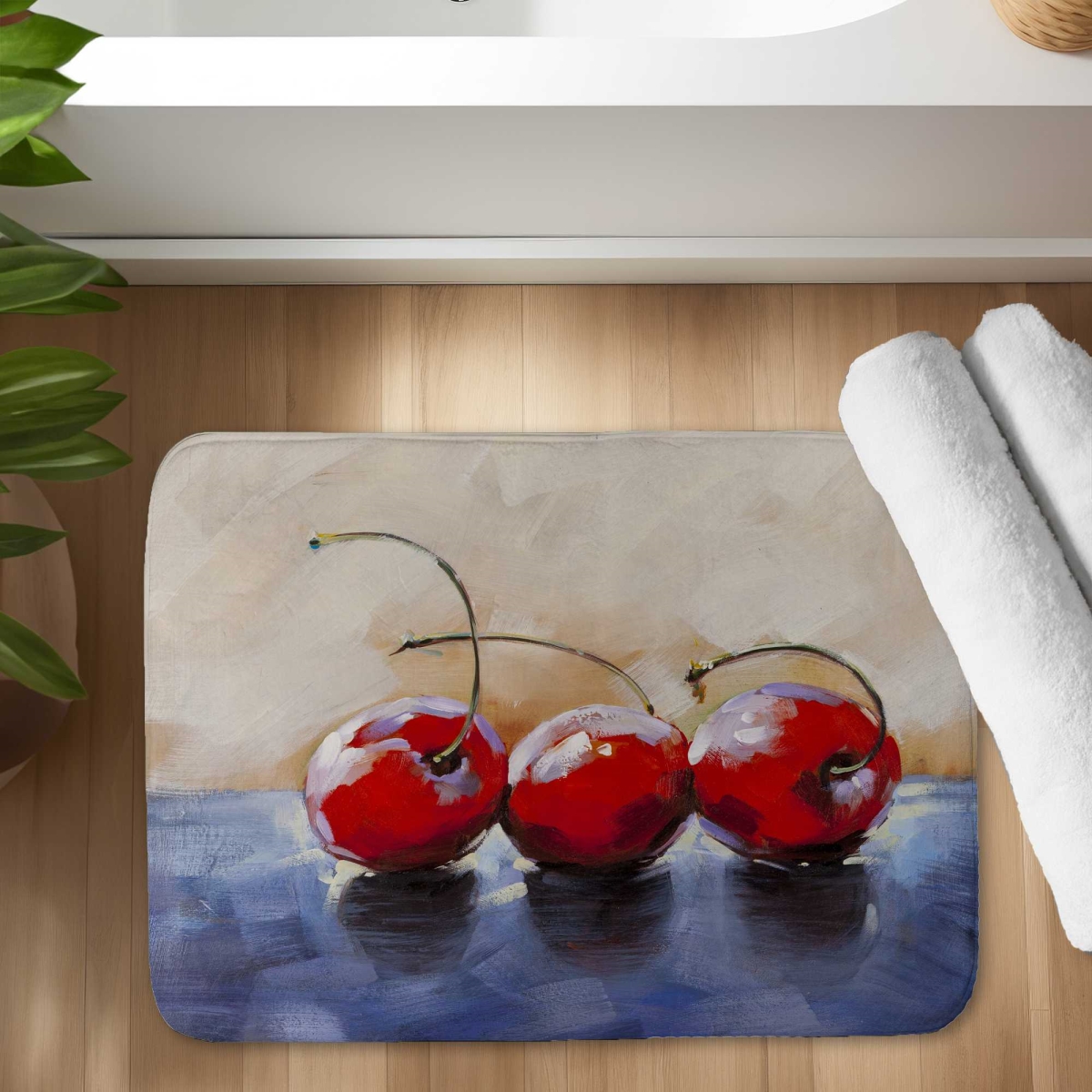 C1BM1724BDLZ38 17 x 24 in. Three Cherries Blue Bath Mat - Stylish Home Decor Accessory