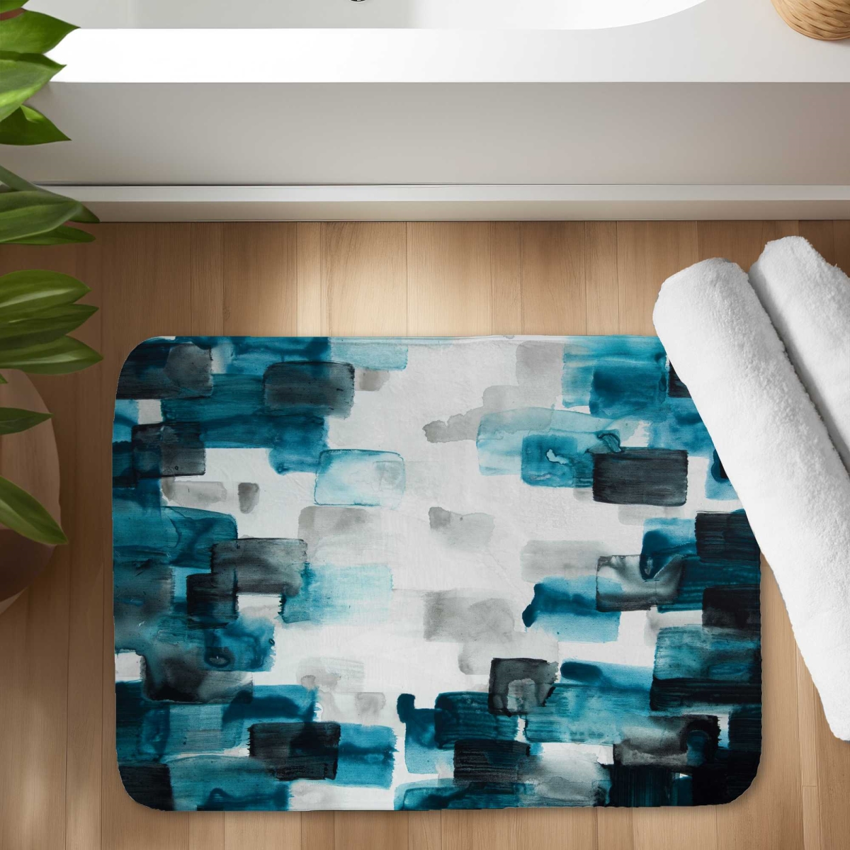 C1BM1724H7WC4F 17 x 24 in. Turquoise & Gray Square Bath Mat - White Abstract Decor