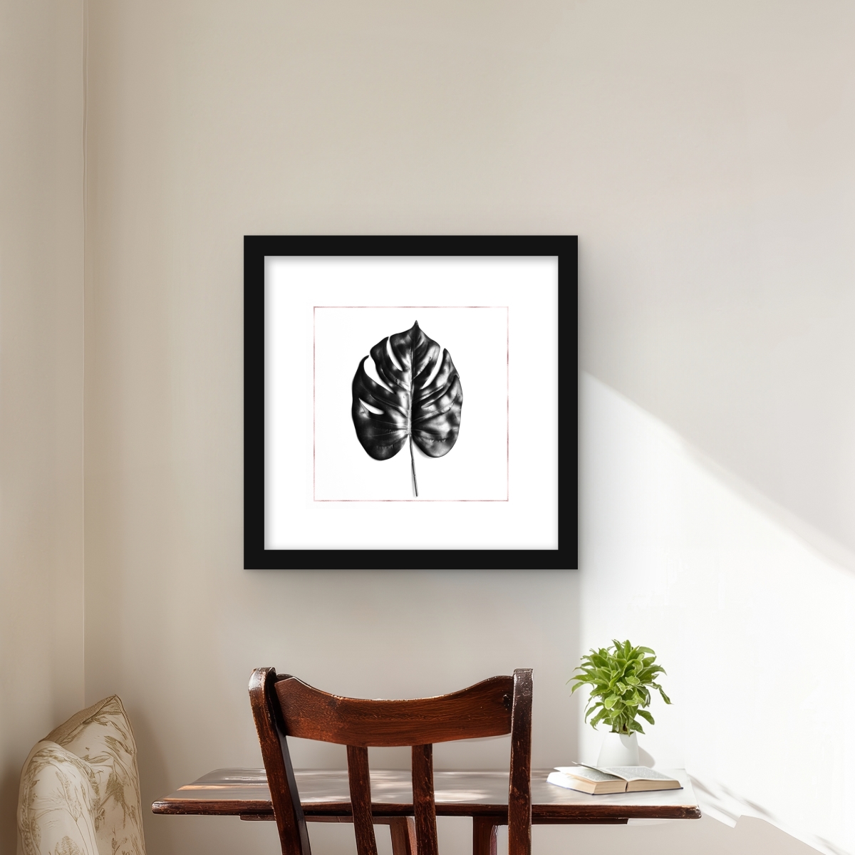 C1FM1616697AEN 16 x 16 in. Split Leaf Philodendron with Rose Line - Pink Framed Print Wall Art