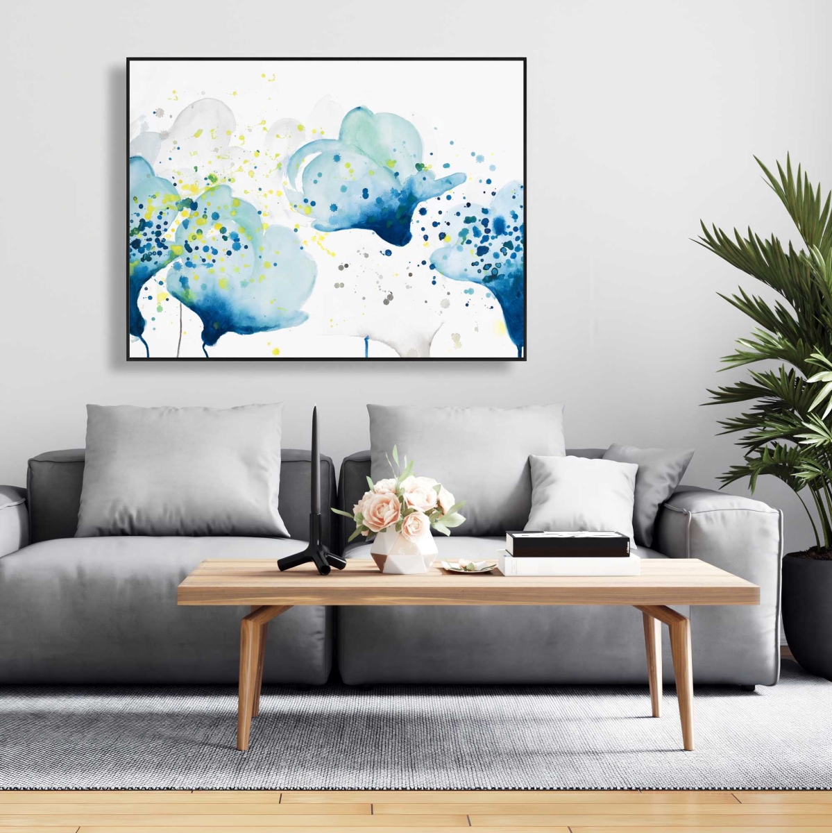 C1FC3648DAQ7DS 36 x 48 in. Dotted Paint Splash Flowers - Office Blue Framed Canvas Art