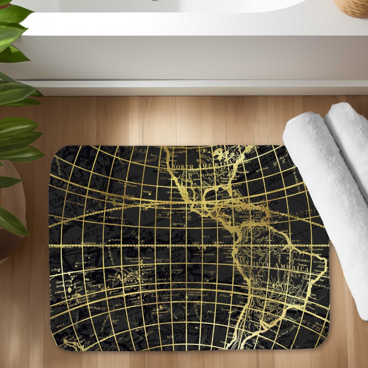 C1BM17246C72IB 17 x 24 in. Black & Marine World Map Globe - Blue Modern Bath Mat