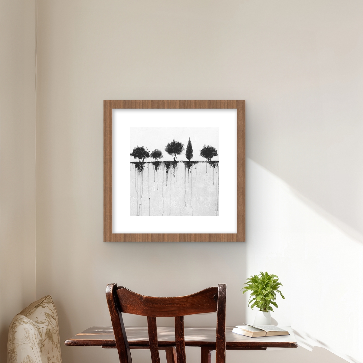C1FM1616OSEF2C 16 x 16 in. Abstract Black Trees - Framed Matted Print Wall Art for Home Decor