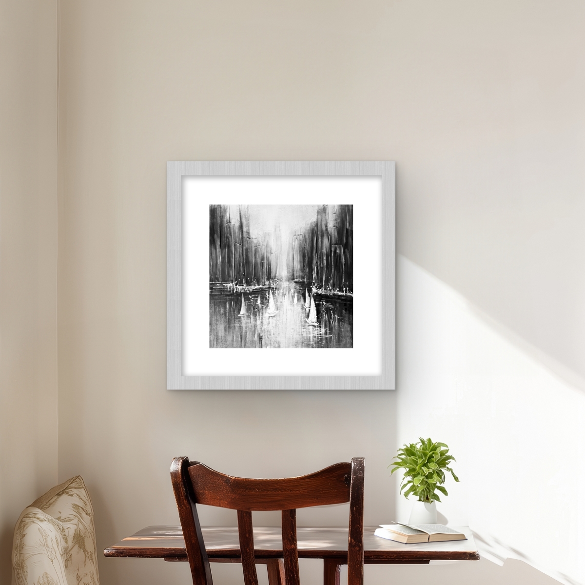 C1FM1616KP3YME 16 x 16 in. Grayscale Boats on the Water - Framed Print Wall Art for Home Decor