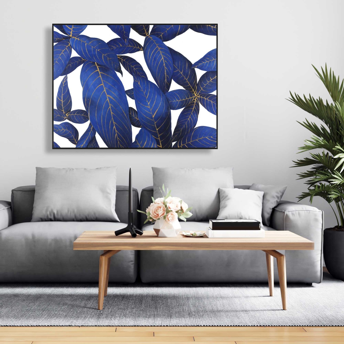 C1FC36485POEYN 36 x 48 in. Abstract Modern Blue Leaves - Exotic Floral Canvas Decor