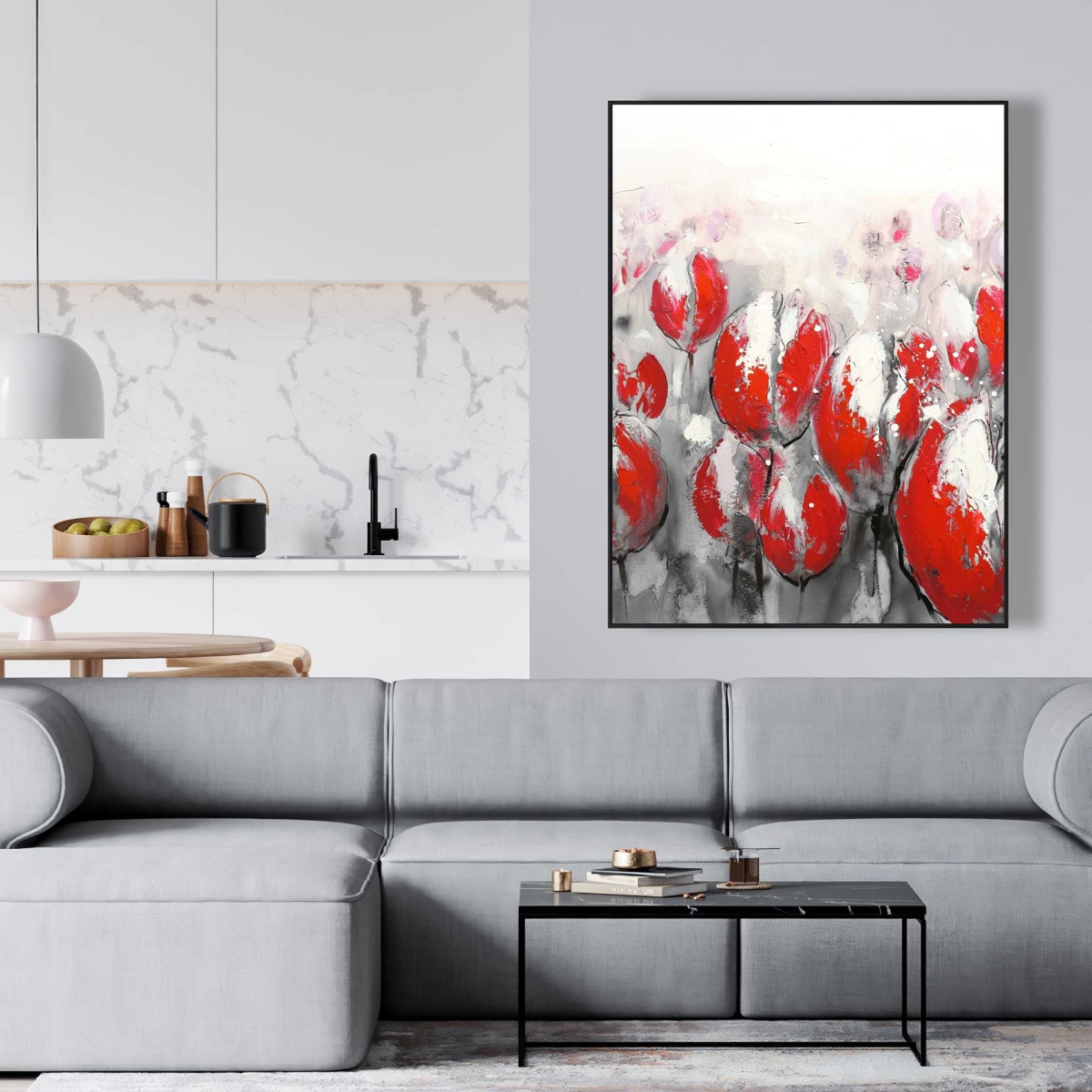 C1FC36489D8B1F 36 x 48 in. Abstract Red Tulips - Gray Floral Framed Canvas Home Decor