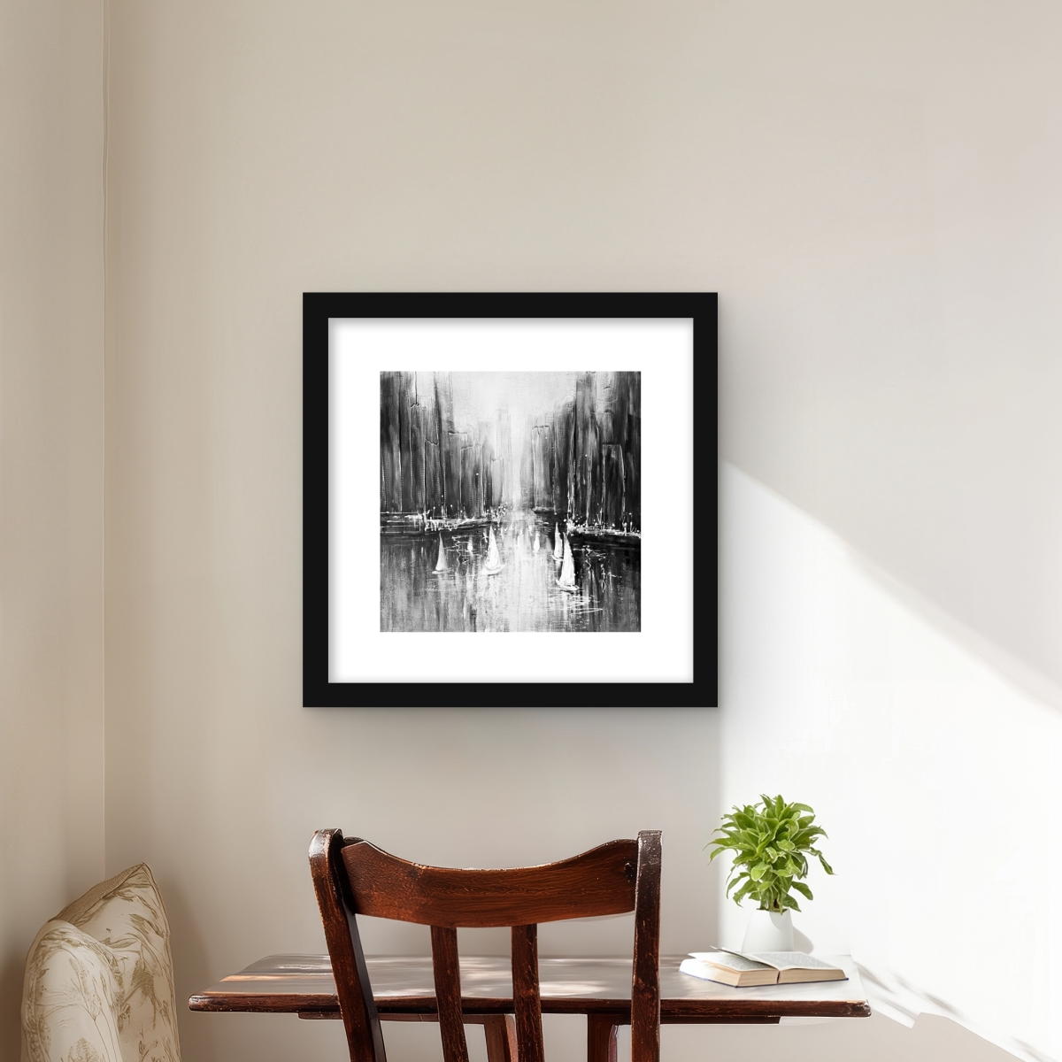 C1FM16163Y7WQM 16 x 16 in. Grayscale Boats on the Water - Coastal Marine Framed Print Wall Art