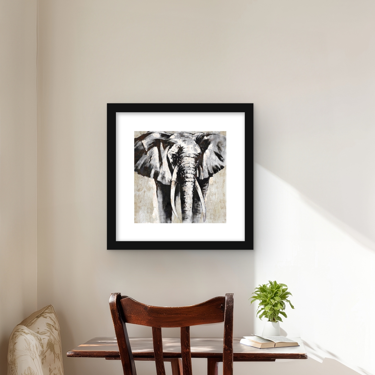 C1FM16164OBODF 16 x 16 in. Grayscale Elephant - Black Framed Matted Print Wall Art - Home Decor