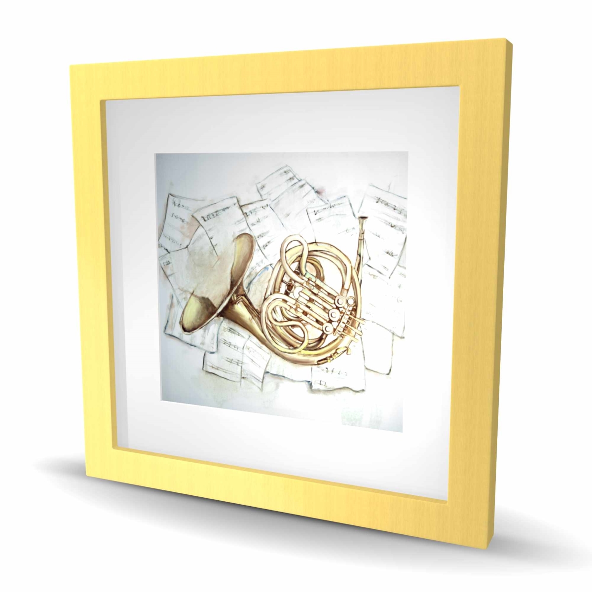 C1FM16166VPCTA Horn On Music Sheet - Framed Matted Print Wall Art for Home Decor - 16 x 16 in.