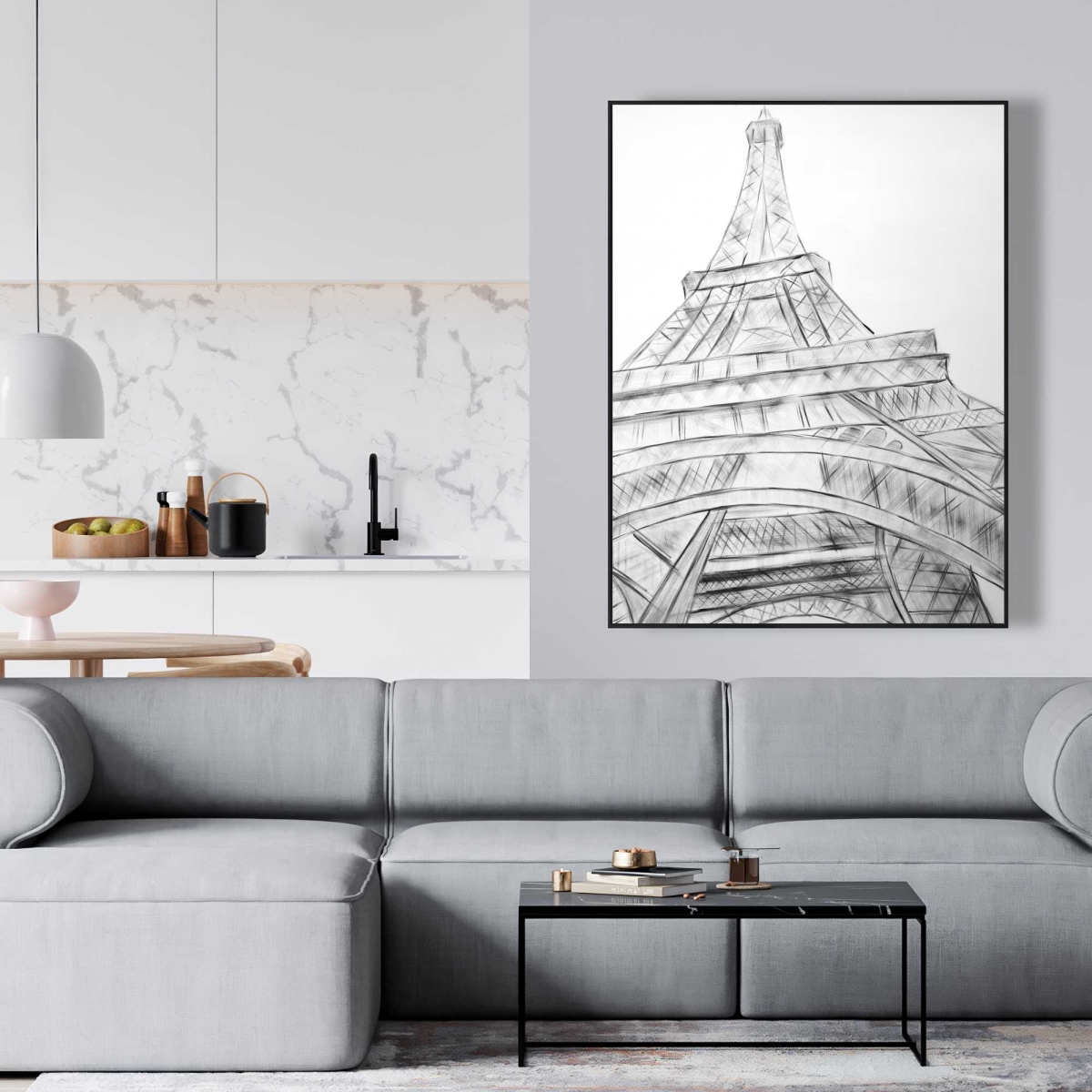 C1FC3648CX1P1K 36 x 48 in. Eiffel Tower Sketch Black & White - Framed Canvas Decor