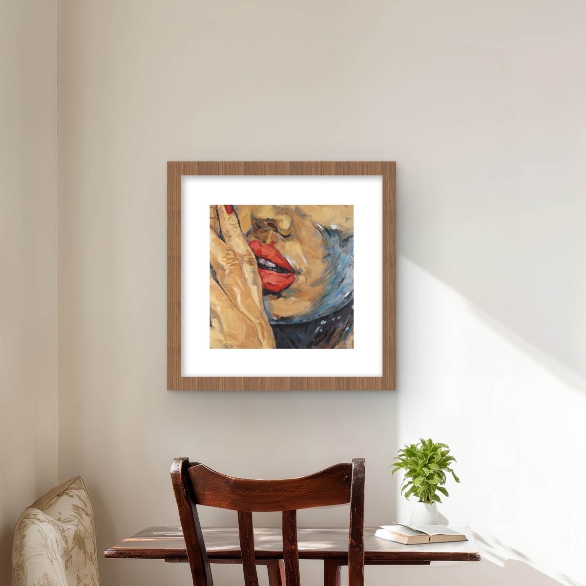 C1FM16163OT0BE 16 x 16 in. Shushing Lips Closeup - Romantic Beige Framed Matted Print Wall Art