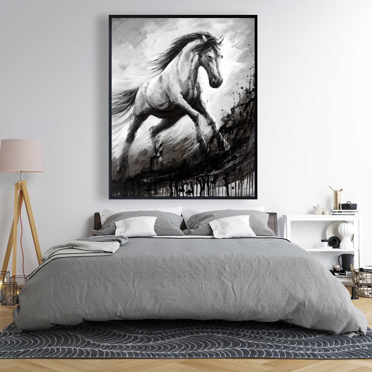 C1FC4860GB27UP 48 x 60 in. White Horse in the Wind - Black Rustic Framed Canvas Decor
