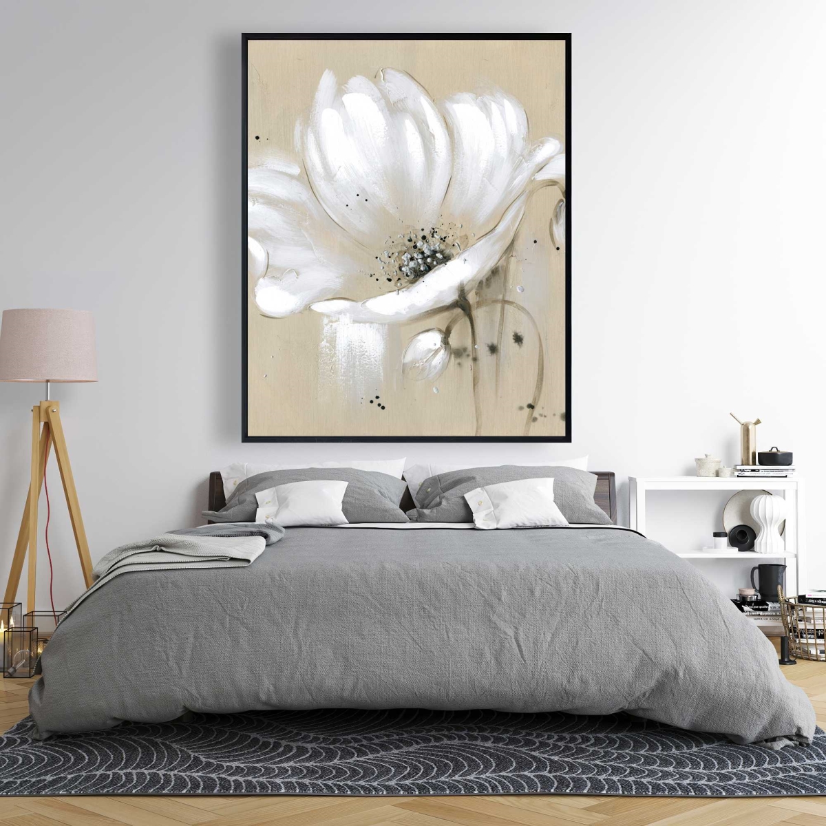 C1FC4860MM8G2D 48 x 60 in. White Abstract Wild Flower - Botanical Beige Framed Canvas