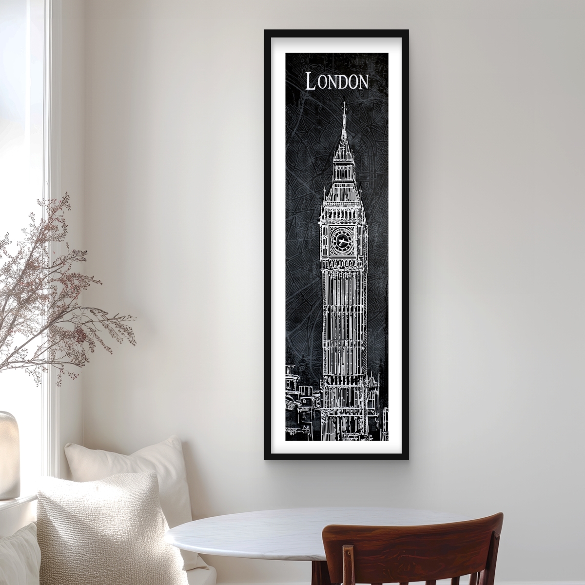 C1FM16487NADU7 16 x 48 in. Big Ben Sketch with Map Background - Framed Matted Print Wall Art