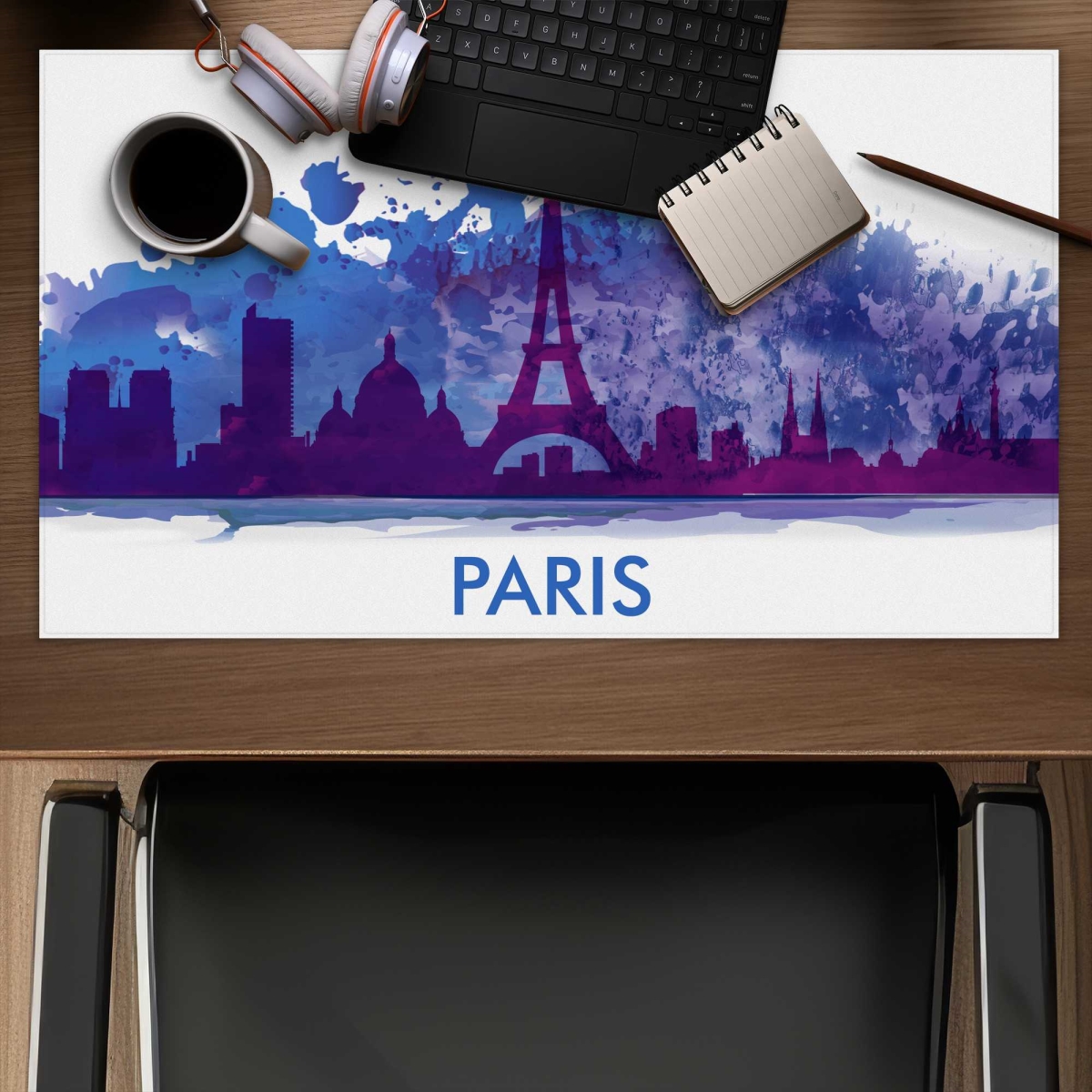C1DM1424RH8LT7 14 x 24 in. Paint Splash Silhouette of Paris - Office Building Gaming Desk Mat