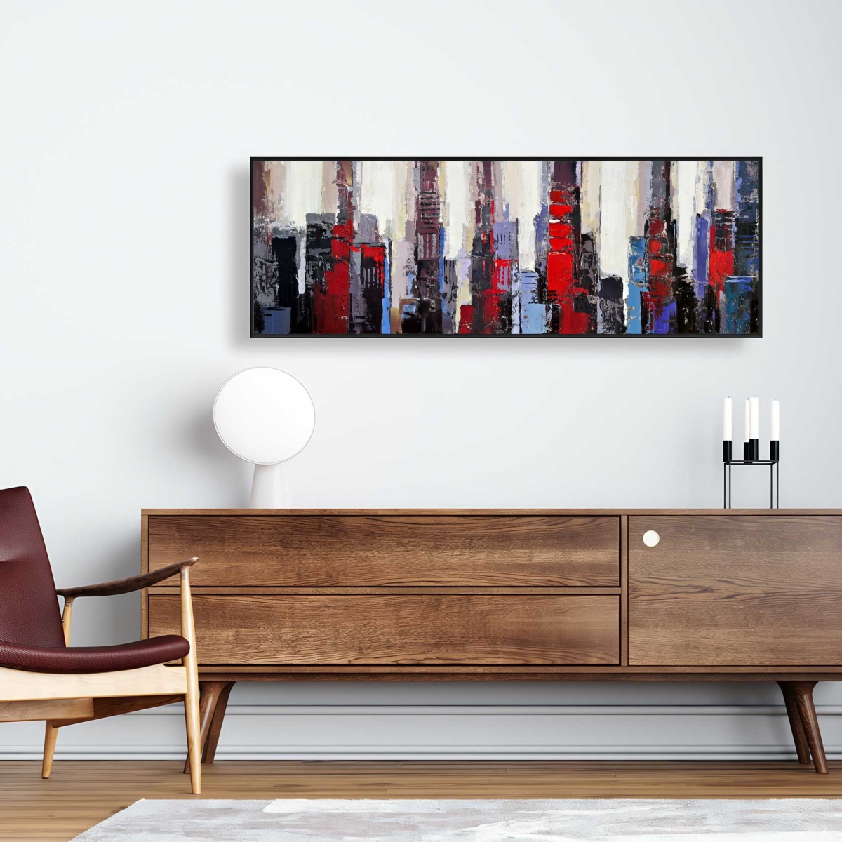 C1FC1648S9FFQM 16 x 48 in. Abstract Red & Blue Buildings - Framed Canvas Home Decor