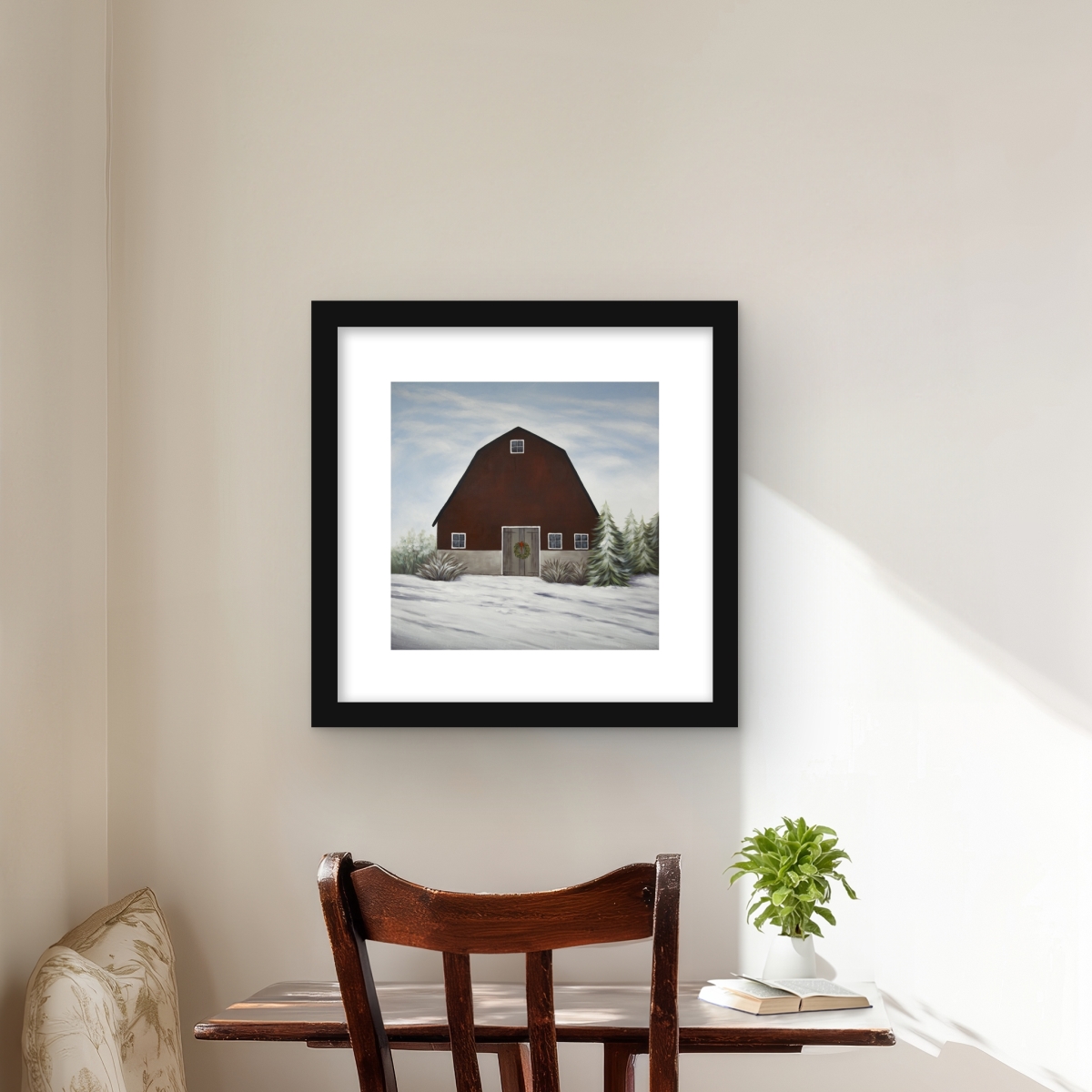 C1FM16162STC92 16 x 16 in. It Winter on the Farm Wall Art - Bedroom Framed Matted Print Decor