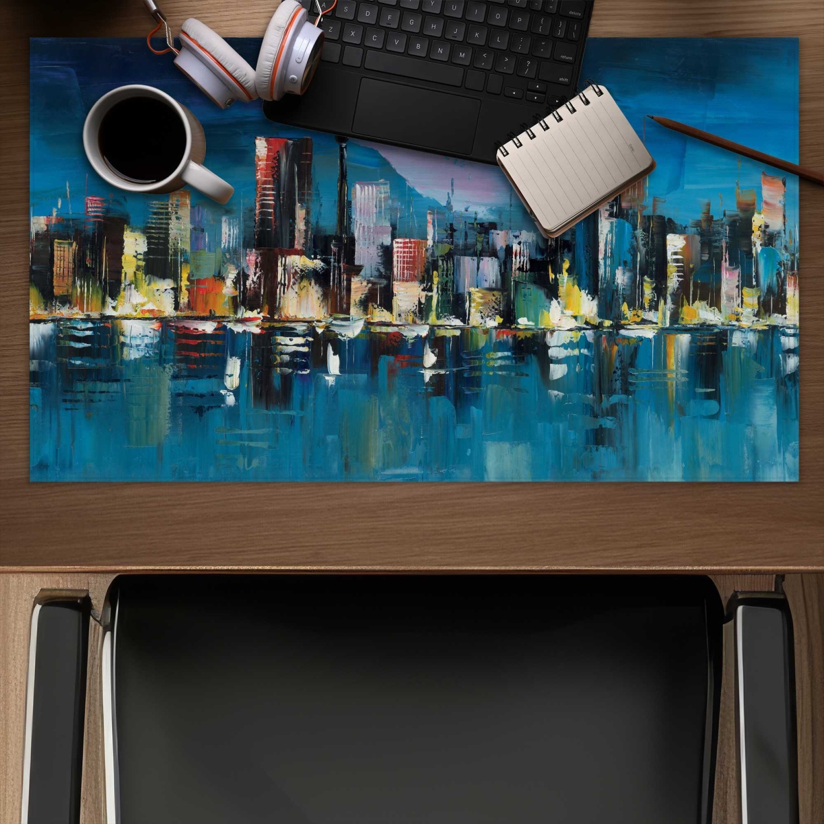 C1DM14243LUBH6 14 x 24 in. Abstract Blue Cityscape by Night - Building Cities Gaming Desk Mat