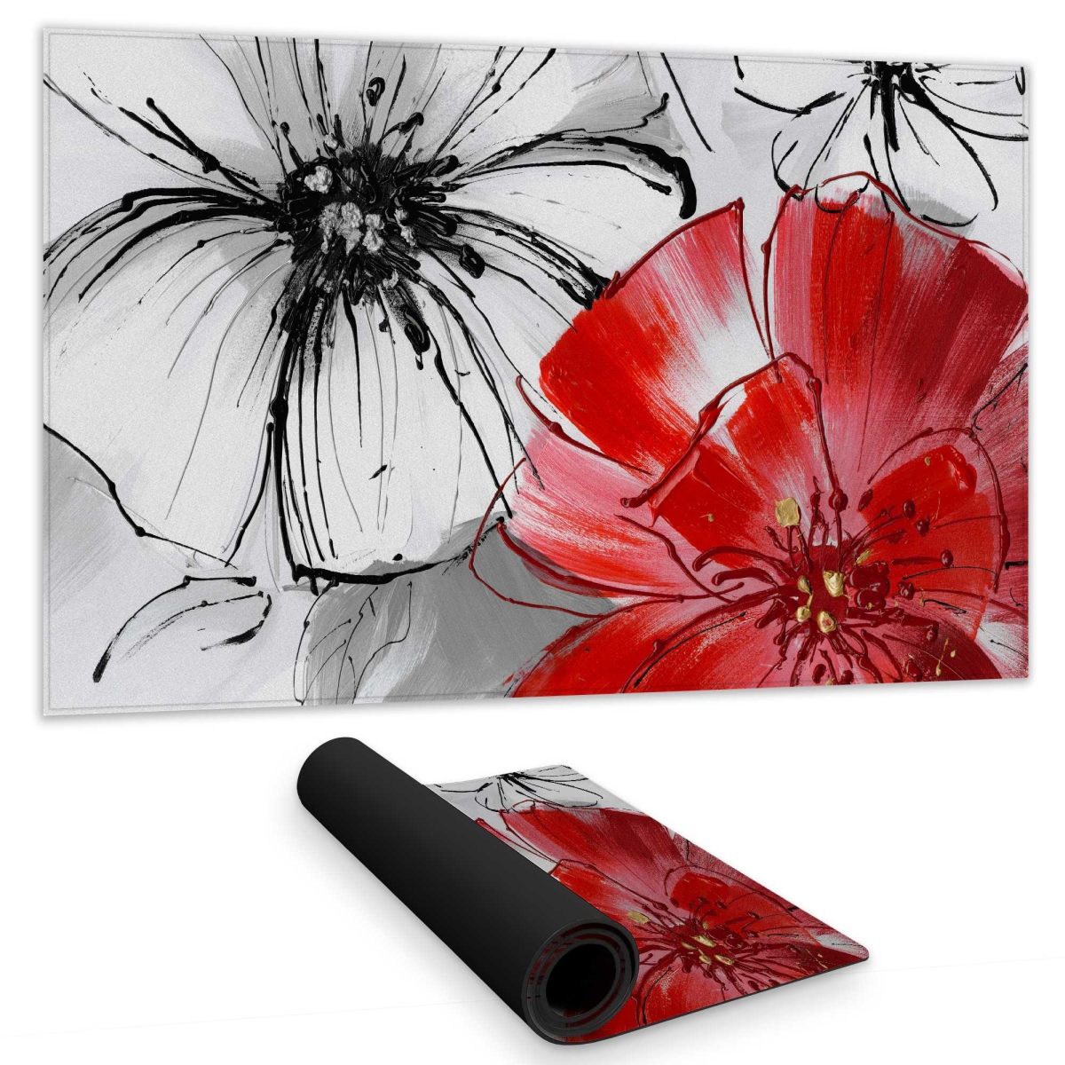 C1DM1424UFC5WF 14 x 24 in. Red & White Flowers Sketch - Floral Gaming Desk Mat