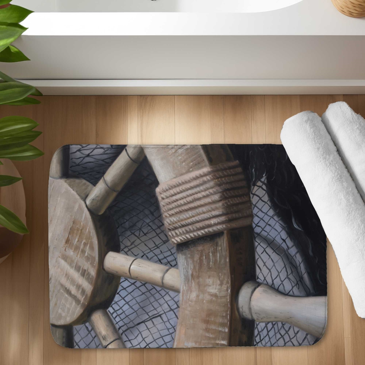 C1BM1724W686FZ 17 x 24 in. Helm on a Fishing Net Closeup - Still Life Marine Bath Mat