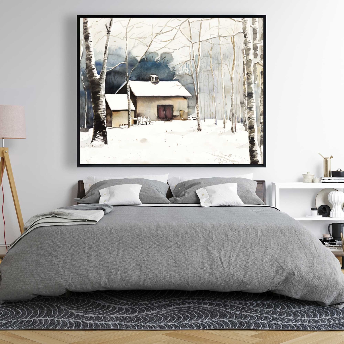 C1FC486010QIWJ 48 x 60 in. Small Winter Barn - White Framed Canvas for Home Decor
