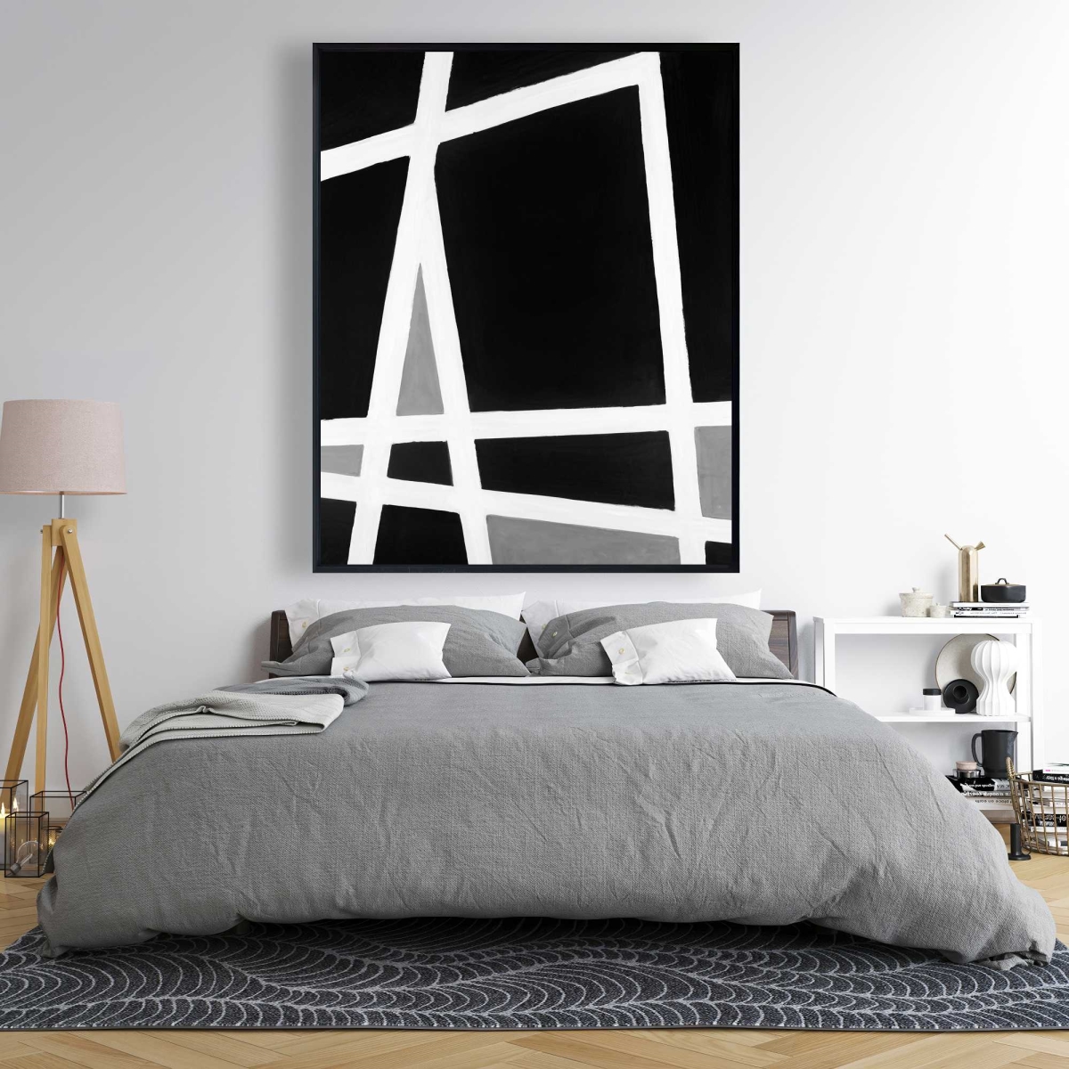 C1FC486072SWFF 48 x 60 in. Black & White Abstract Shapes - Framed Canvas Home Decor