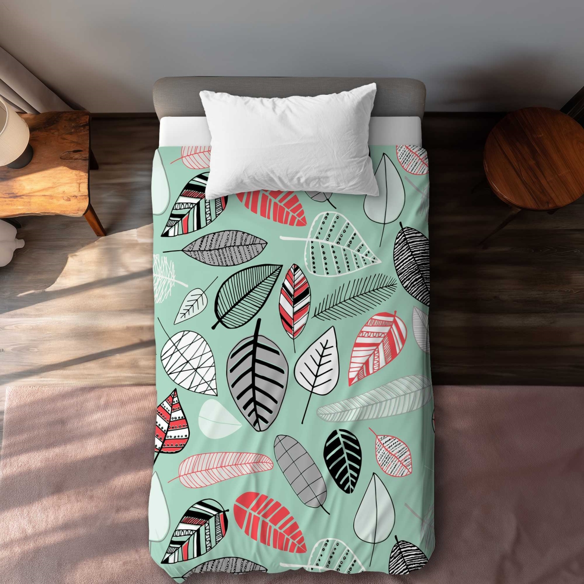 C1DCTXLW6JP84B Turquoise Leaf Patterns Twin Size Extra Long Duvet Cover - Home Decor Essentials