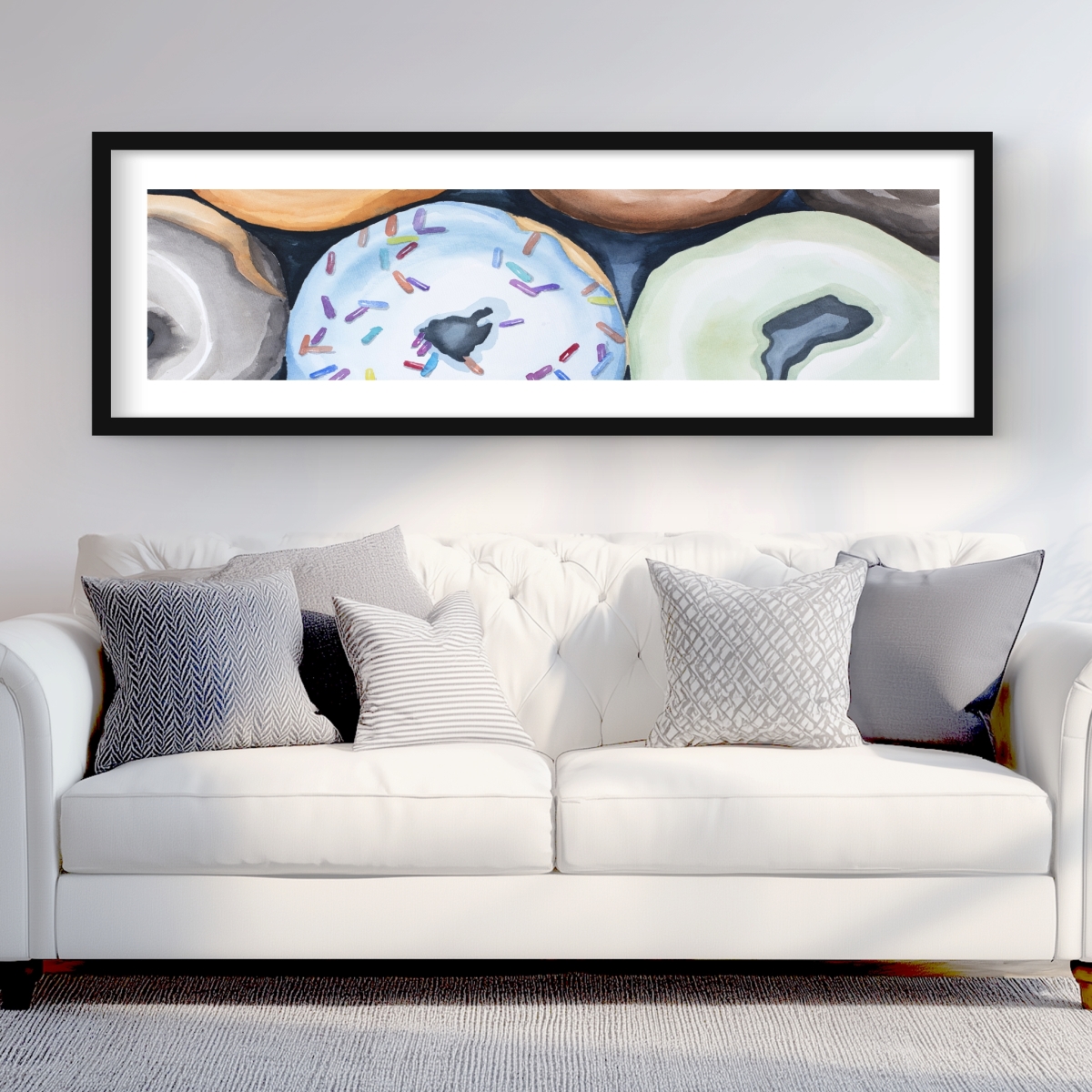 C1FM206020XRS4 20 x 60 in. Watercolor Doughnuts with Icing - Blue Kitchen Framed Print Wall Art