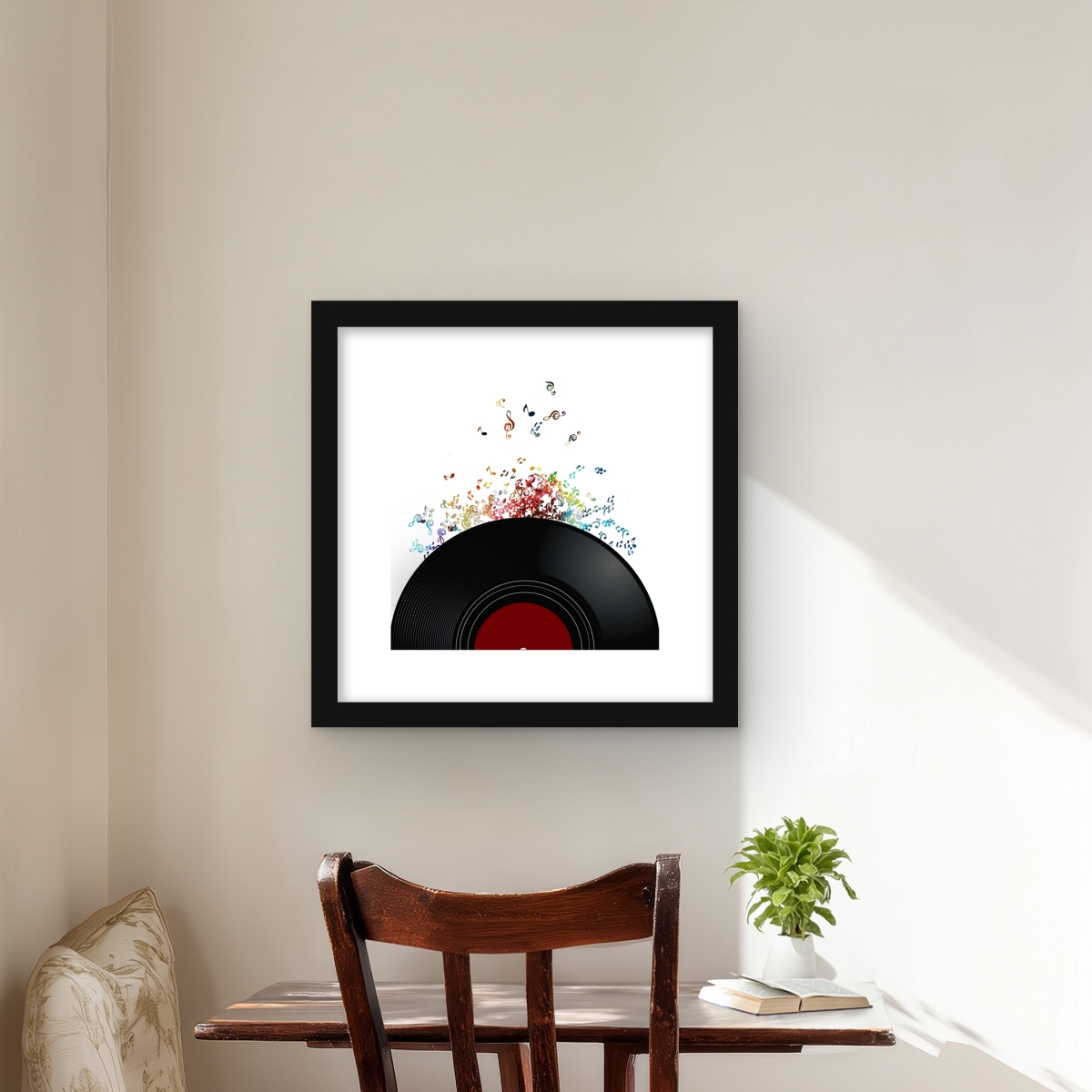 C1FM16167Y15DE 16 x 16 in. Notes Escaping From A Vinyl Record - Black Framed Print Wall Art