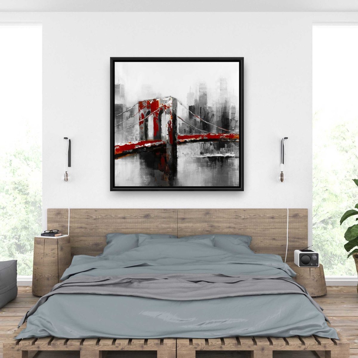 C1FC36364ZL71Q 36 x 36 in. Abstract & Red Brooklyn Bridge - Black Framed Canvas Art