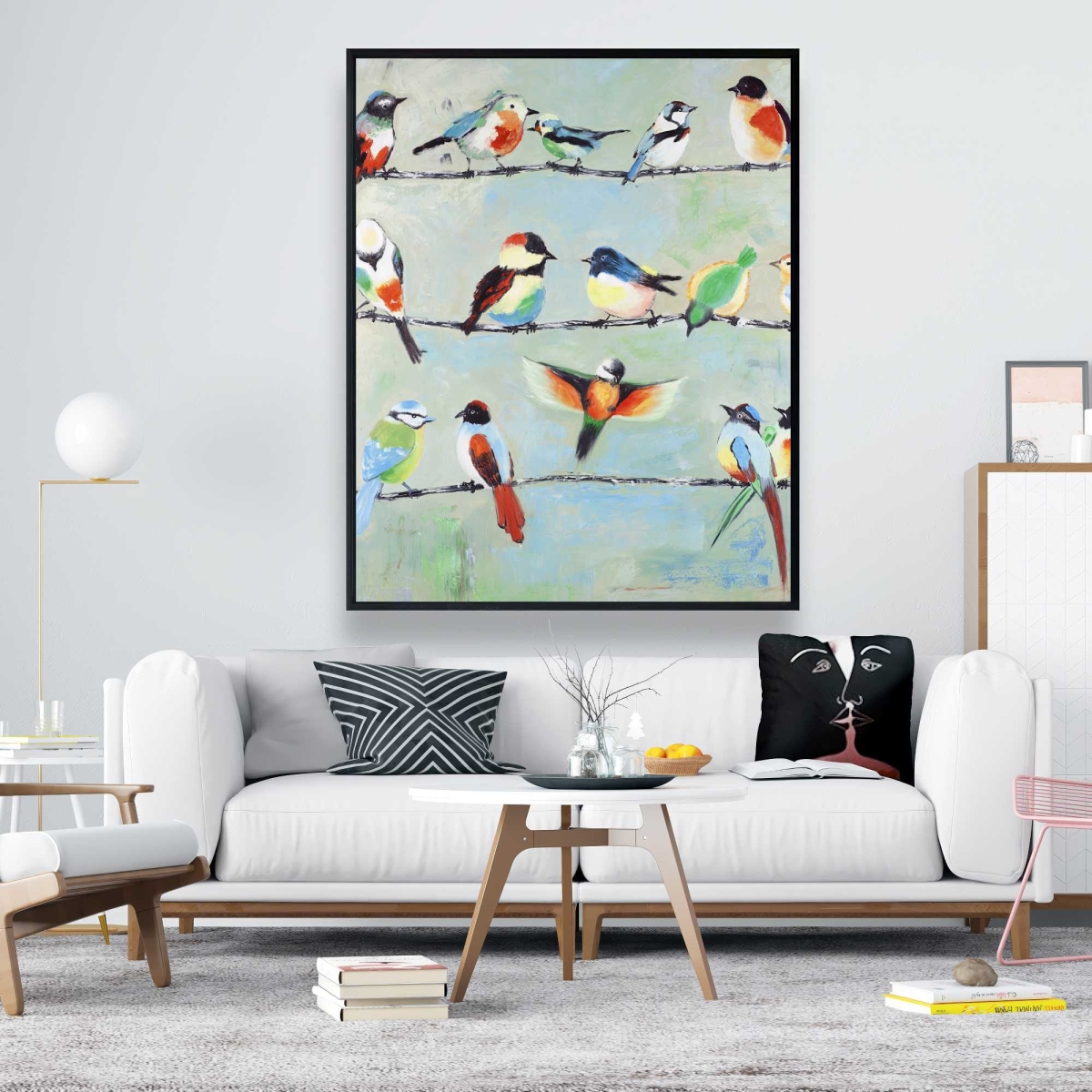 C1FC4860RBNI8C 48 x 60 in. Small Abstract Colorful Birds - Framed Canvas Home Decor