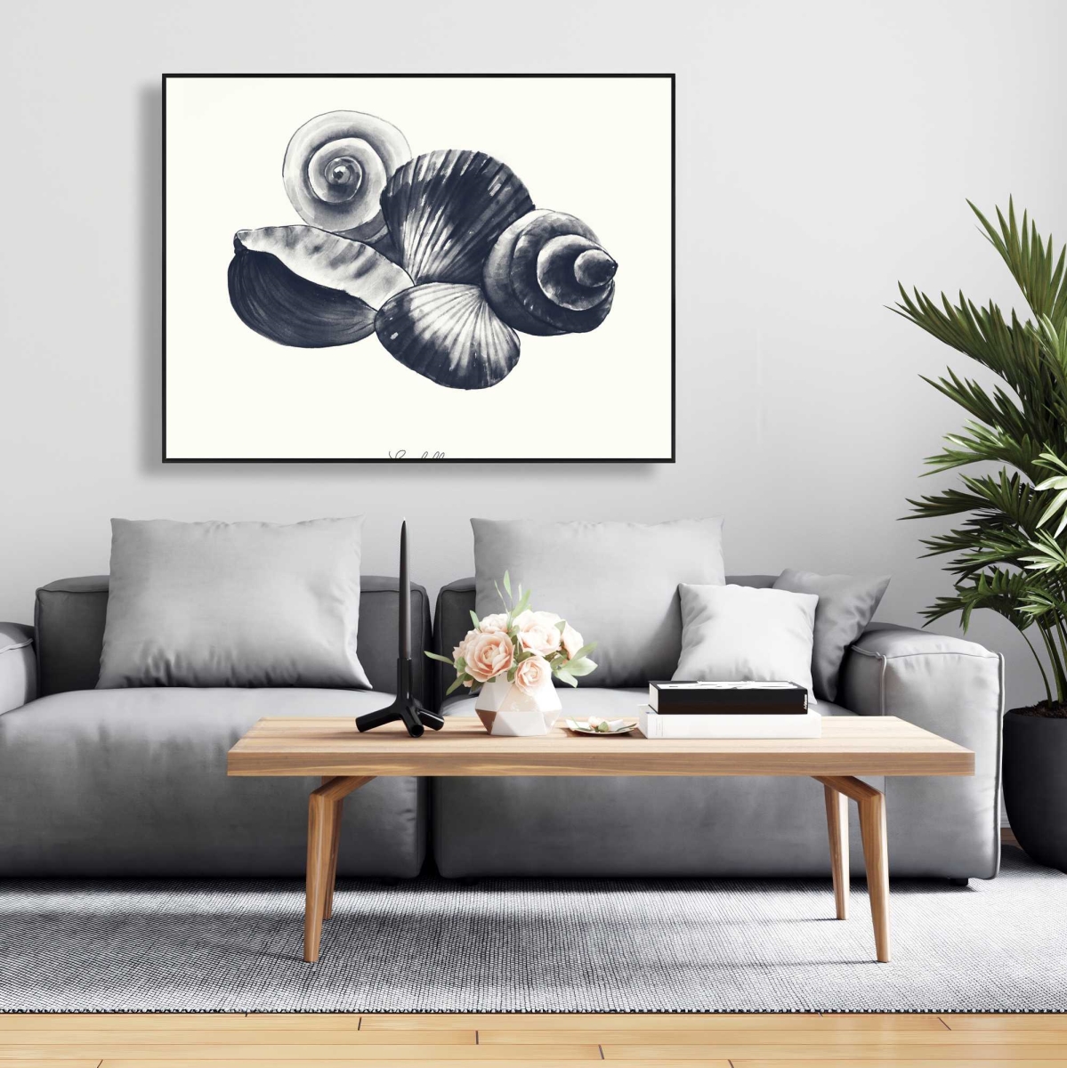 C1FC3648JU0PDC 36 x 48 in. Blue Seaside Shells - Beige Framed Canvas for Bathroom Decor
