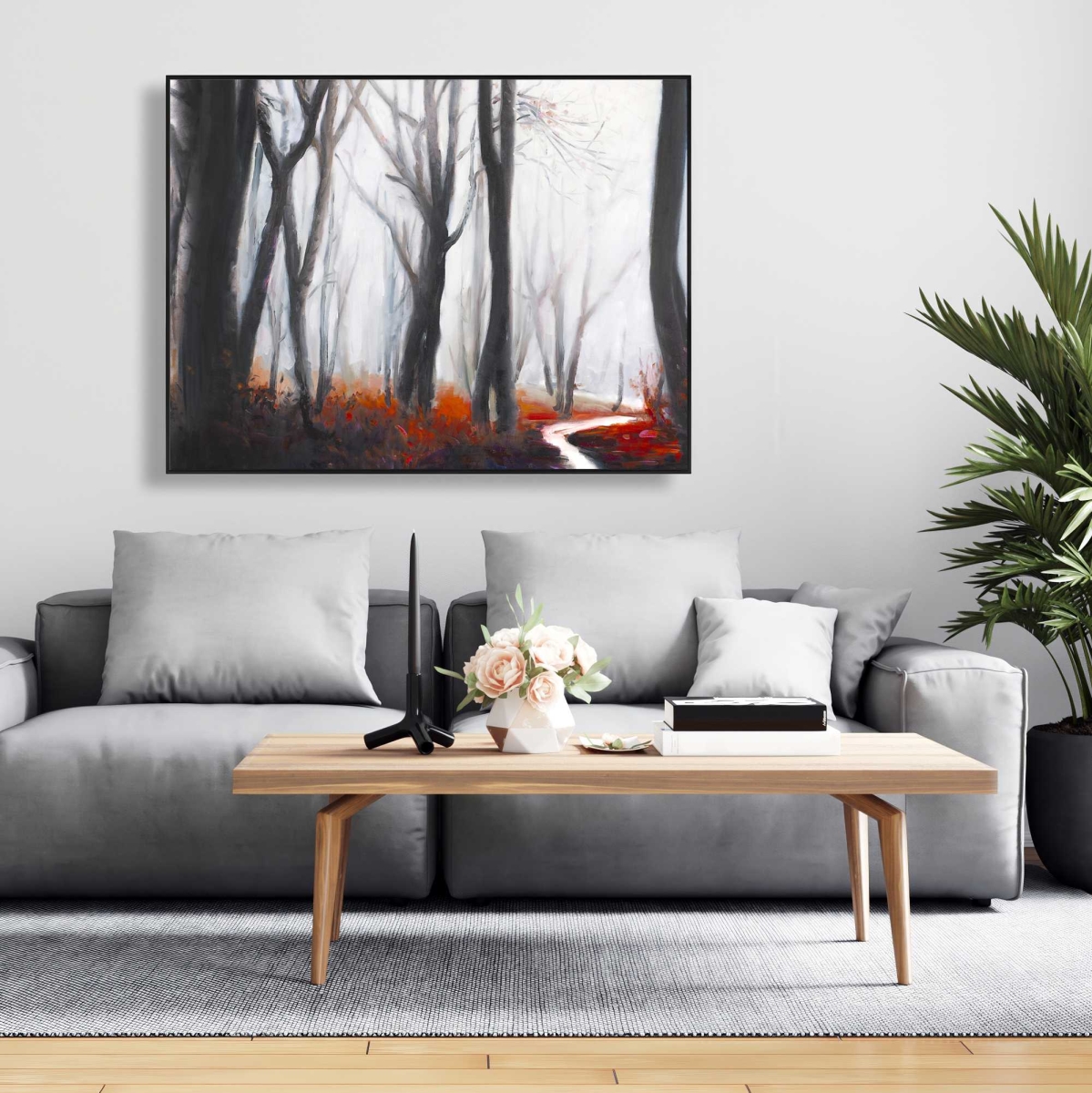 C1FC36489TLULC 36 x 48 in. Mysterious Forest with Stream - Gray Framed Canvas Decor