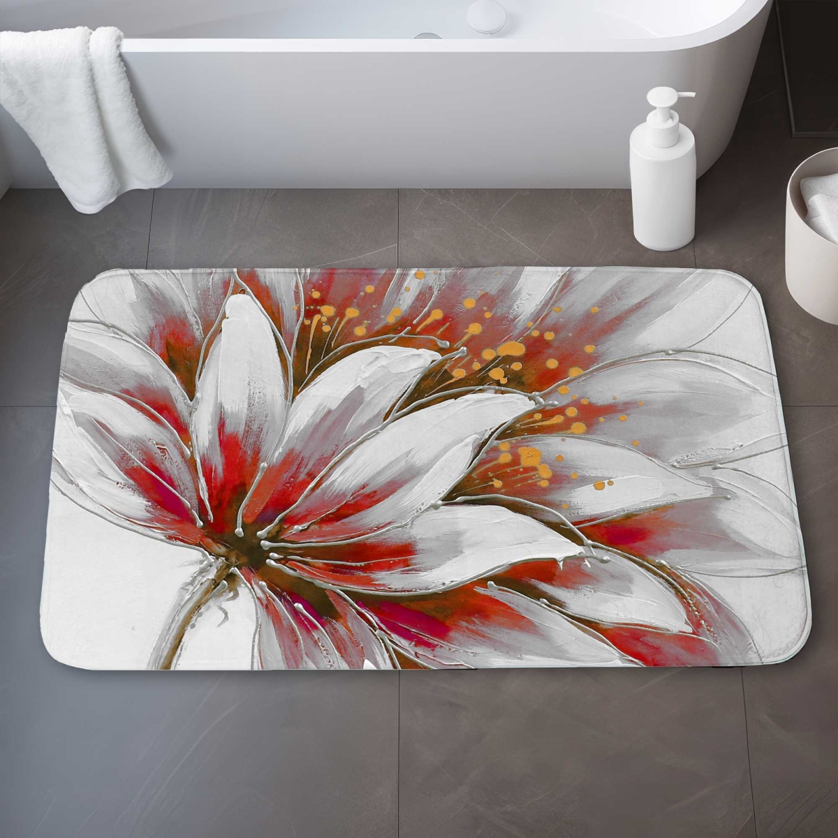 C1BM213431YNYW 21 x 34 in. Red Flower with Gold Center Bath Mat - Floral Home Decor