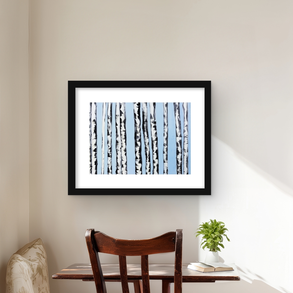C1FM1620L1OS6Y 16 x 20 in. Birches On A Blue Background - Modern Office Framed Print Wall Art