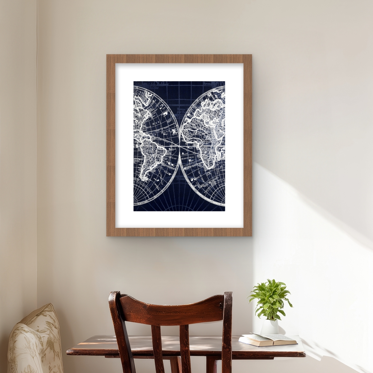 C1FM1620MOOCE7 16 x 20 in. World Map Blue Print - Cities White Framed Matted Print Wall Art