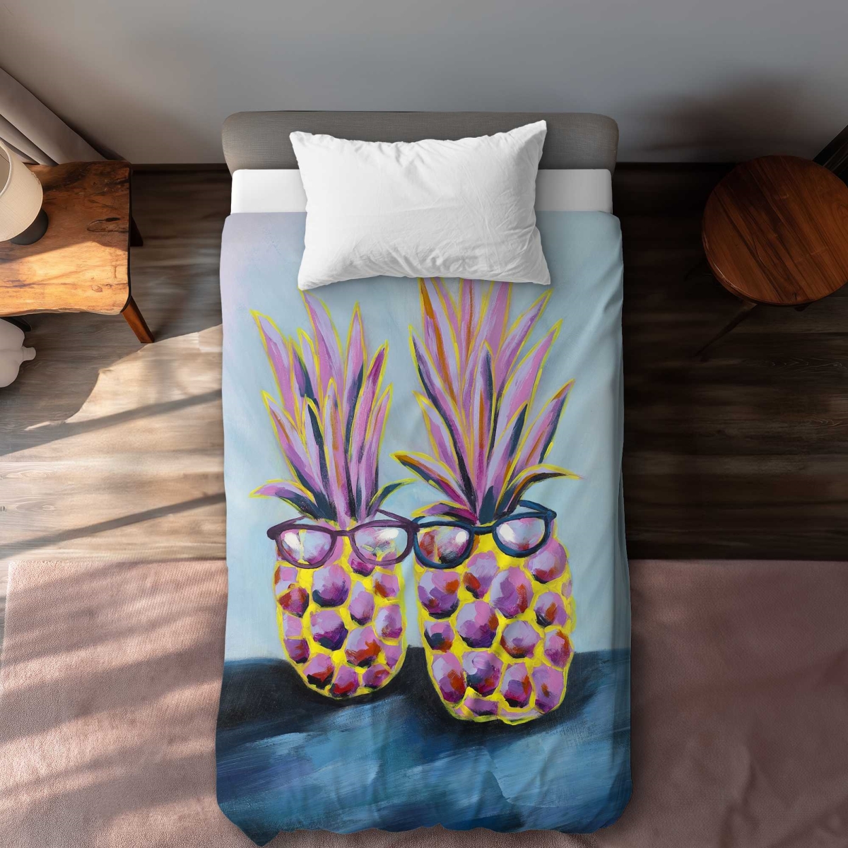 C1DCTXLW9OYQLD Funny Pineapples with Sunglasses - Exotic Blue Twin Size Extra Long Duvet Cover