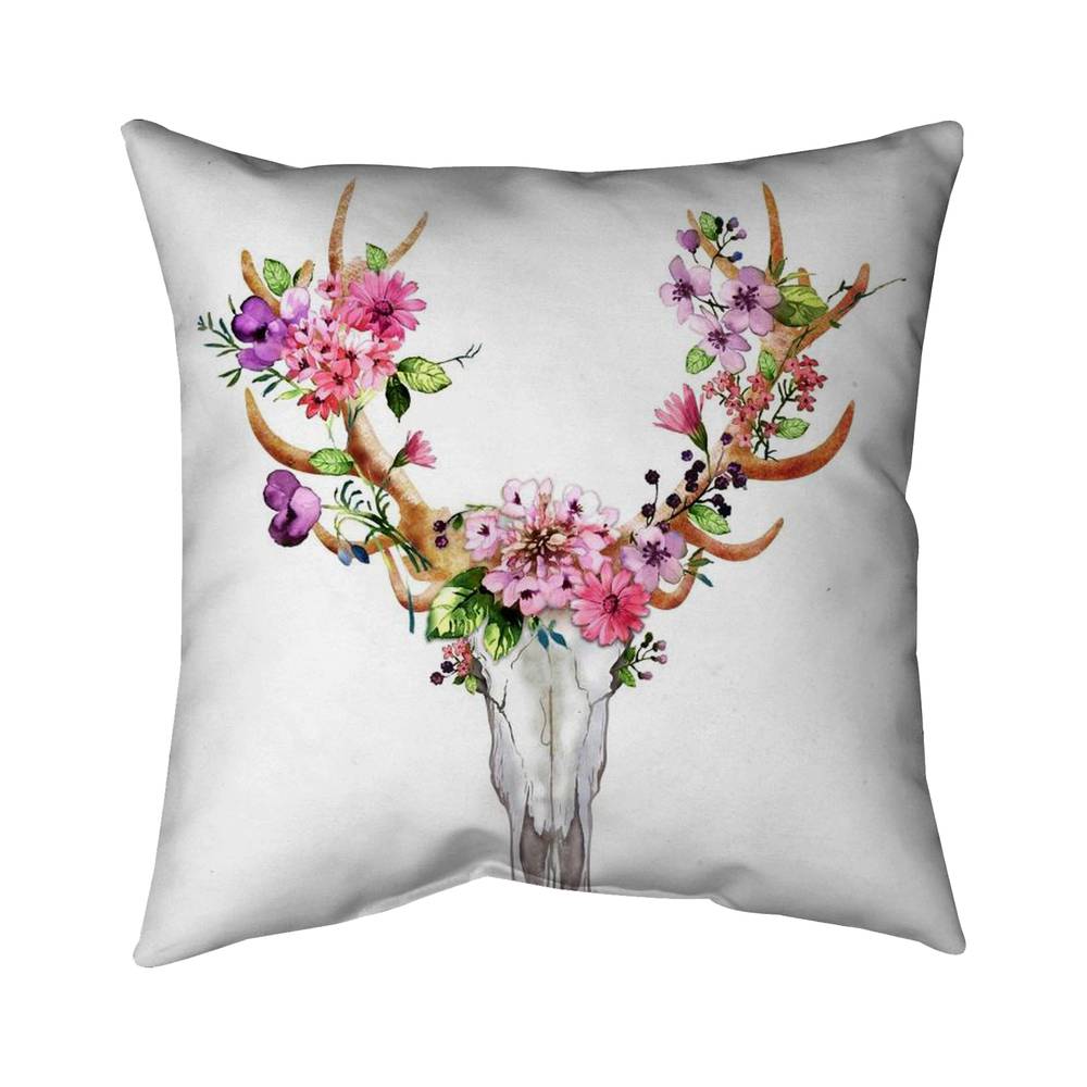5543-2626-AN100 26 x 26 in. Rustic Deer Skull with Flowers - Poly Twill Throw for Decor