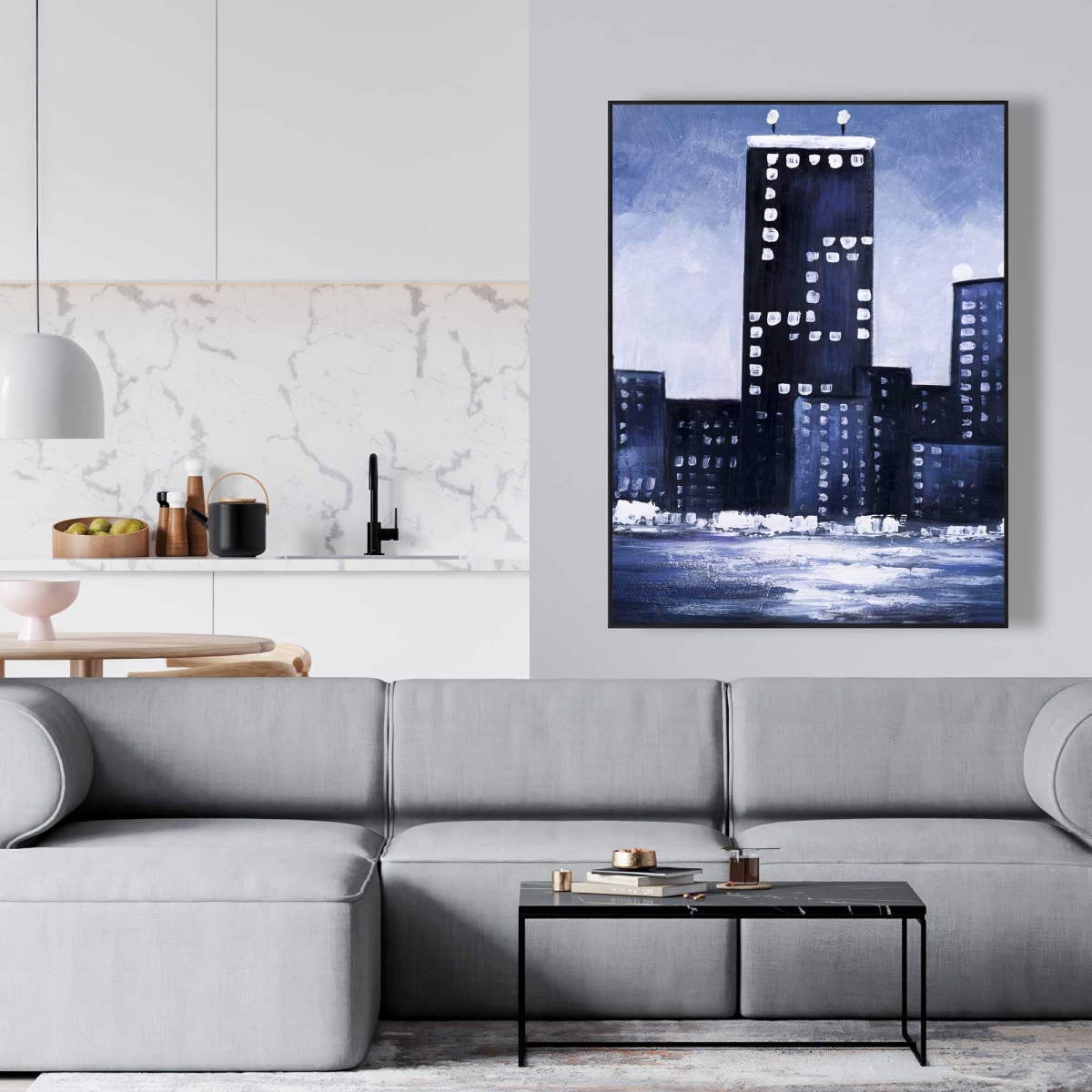C1FC3648BJY4XH 36 x 48 in. Dark Blue Cityscape - Framed Canvas Art for Home Decor