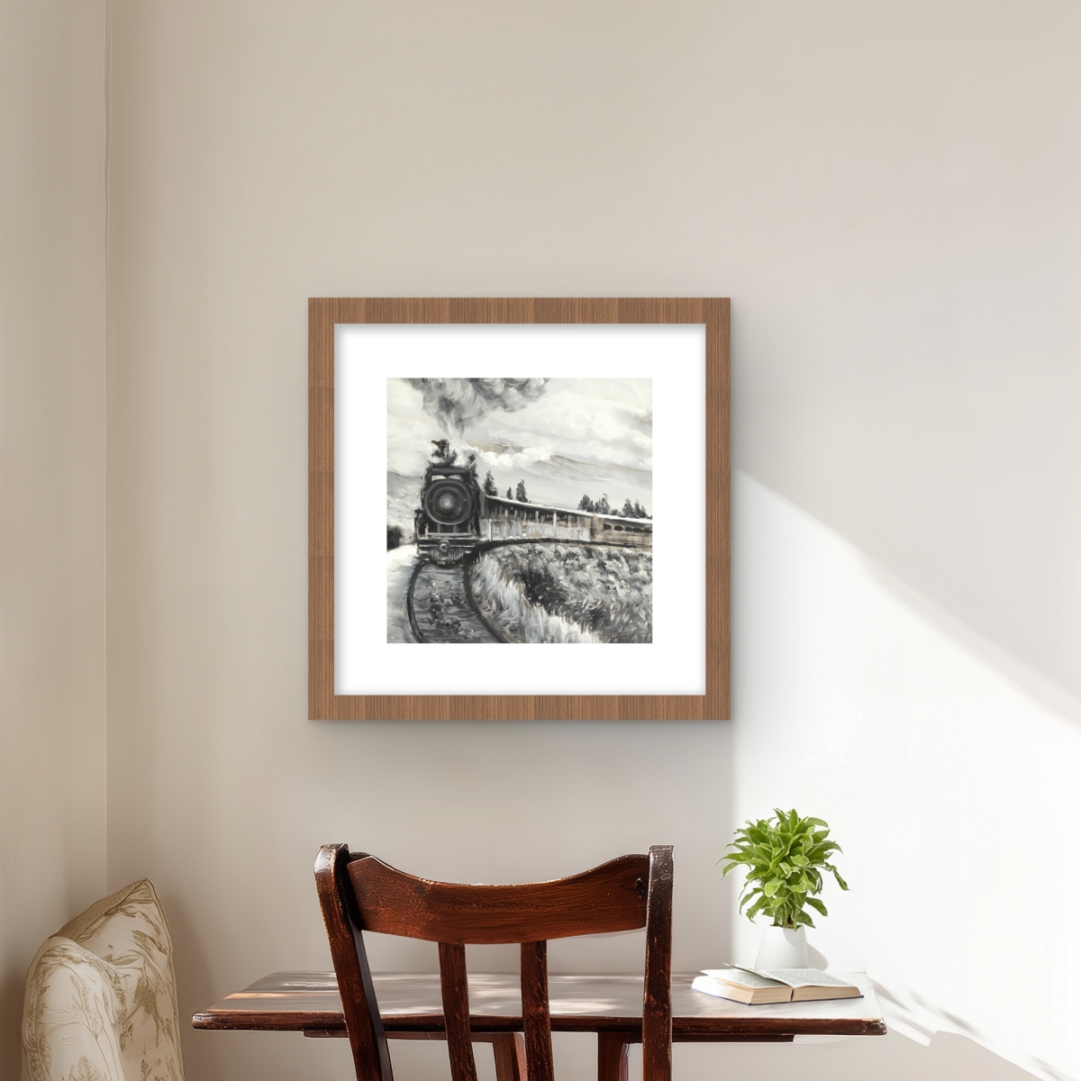 C1FM1616VRCDPF 16 x 16 in. Steam Engine Train - Framed Matted Print Wall Art for Home Decor