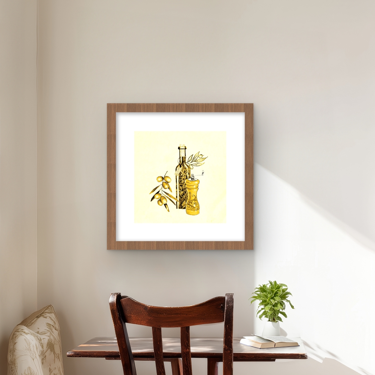 C1FM1616MOZQCM 16 x 16 in. Olive Oil & Pepper Still Life Print Wall Art - Framed Matted Art