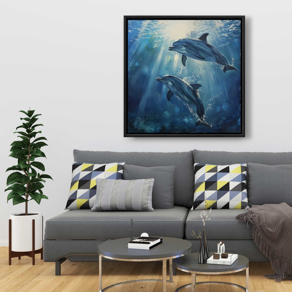 C1FC3636BX9BN2 36 x 36 in. Two Dolphins - Purple Framed Canvas Art for Home Decor
