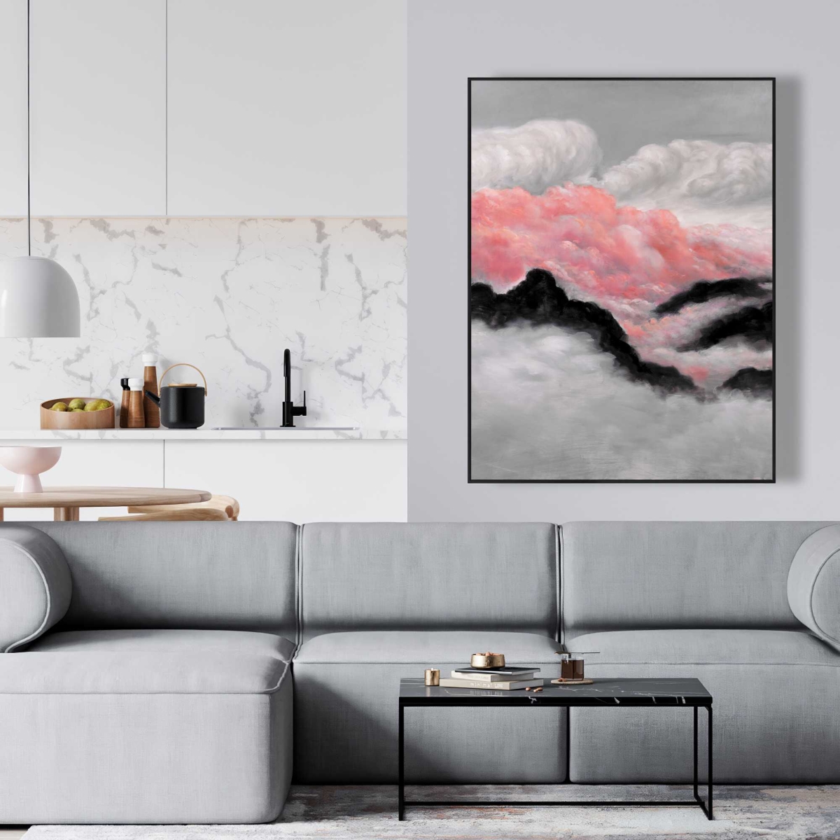 C1FC36487BSHUE 36 x 48 in. Gray & Pink Clouds - Modern Framed Canvas for Bedroom