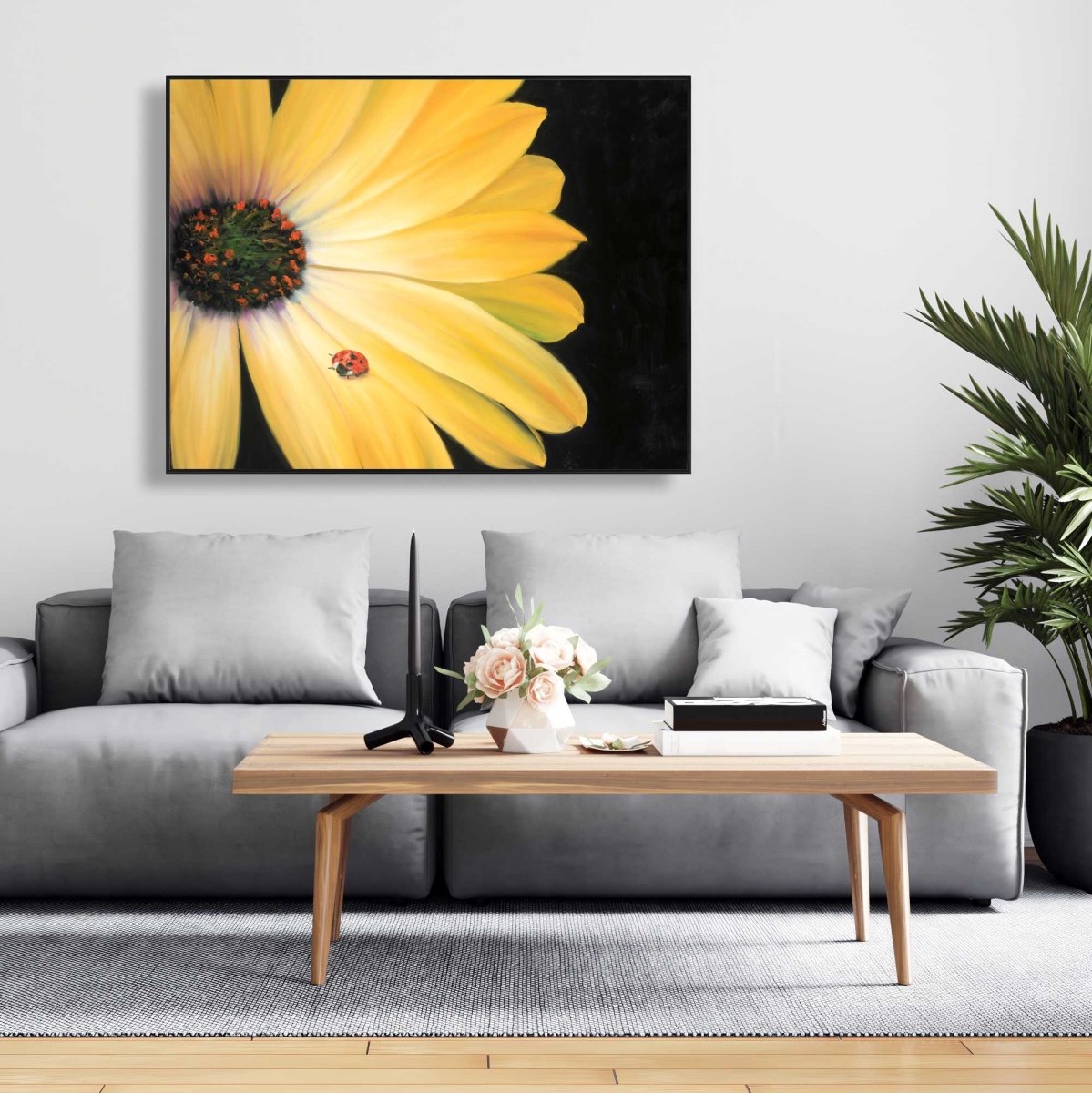 C1FC36487Q347M 36 x 48 in. Yellow Daisy & Ladybug - Romantic Framed Canvas Decor